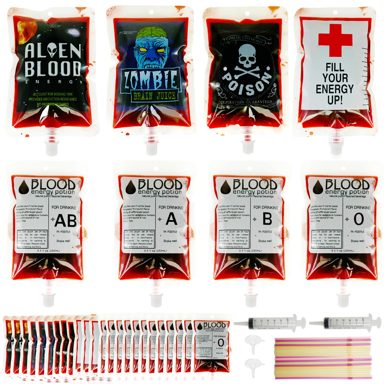 49-Piece Halloween Blood Bag Set With Syringes - Reusable Drink Pouches For Vampire & Zombie Parties