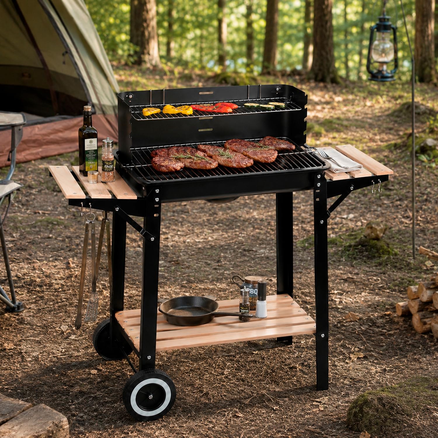 Barbecue A Carbone Con Paravento BBQ Antivento E Griglia Ripiani Laterali In Legno Ganci Per Utensili Ruote Per Facile Trasporto Perfetto Per Giardino E Campeggio 94 x 40 x 84 Cm Nero