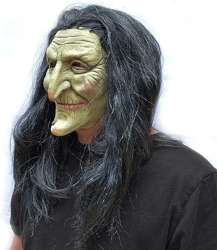 Miniatura 6 de TXGMNA Máscara de bruja de anciana, máscara de disfraz de Halloween con cabello y sombrero, espeluznante fiesta de miedo, accesorio de cosplay para