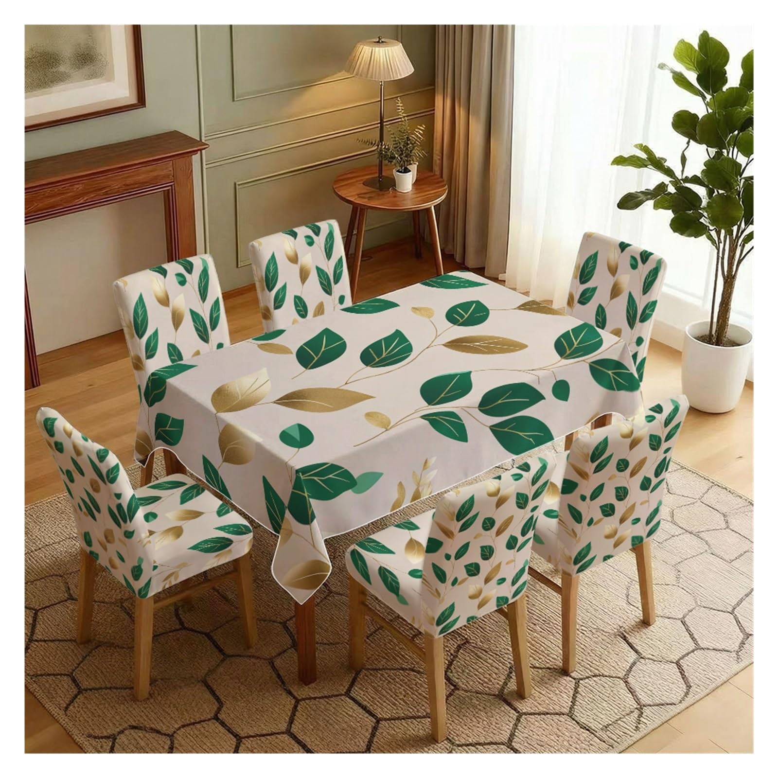 KXUAUV Green Gold Leaf Print Stretch Dining Chair Covers Tablecloth Set, For Kitchen Dining Living Room Farmhouse Decor, 5/7 Pack Party Decor(7pcs Set: Tablecloth+Chair Covers)