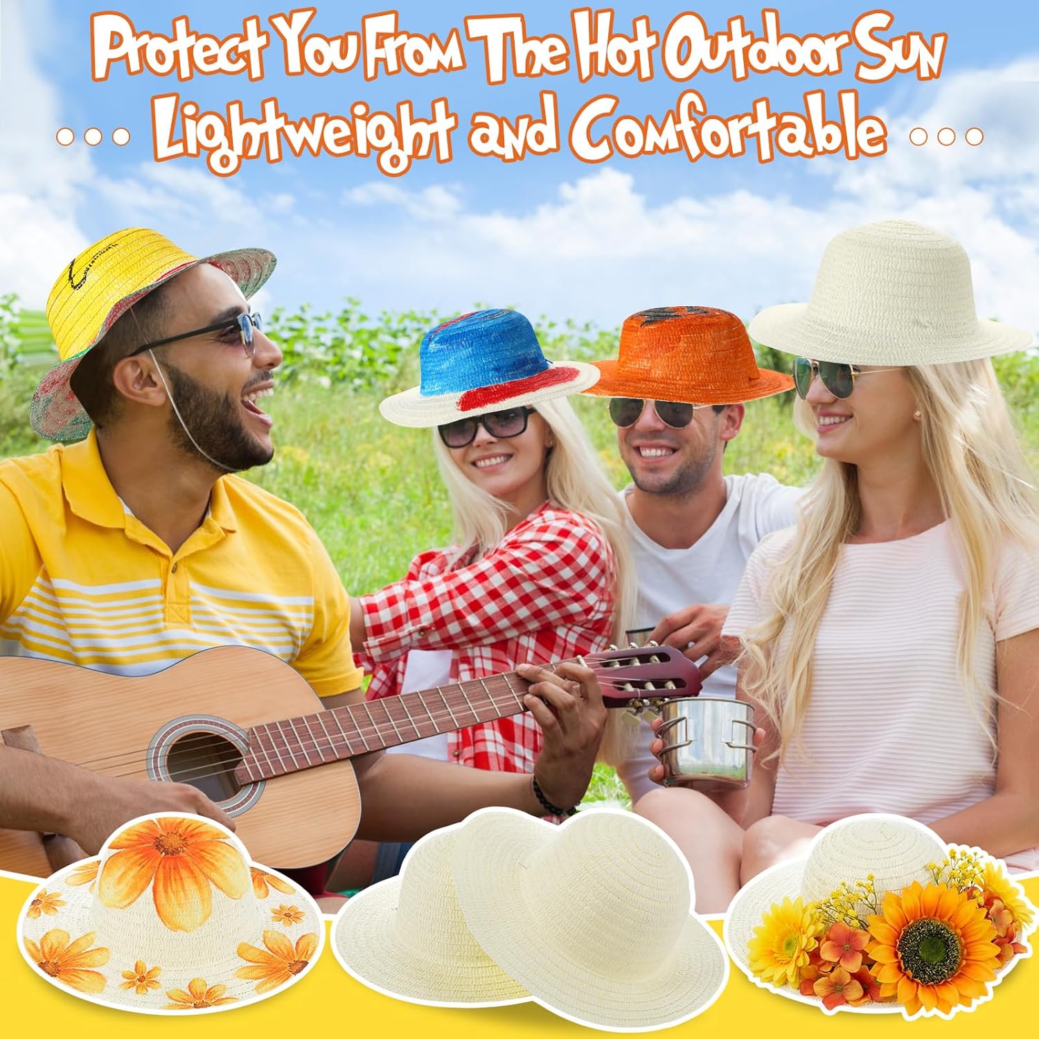 Mepase 50 Pcs DIY Straw Hat Set Milky White Straw Hats for Kids Beach Summer Cap for Creative Art Cowboy Birthday Party Decor