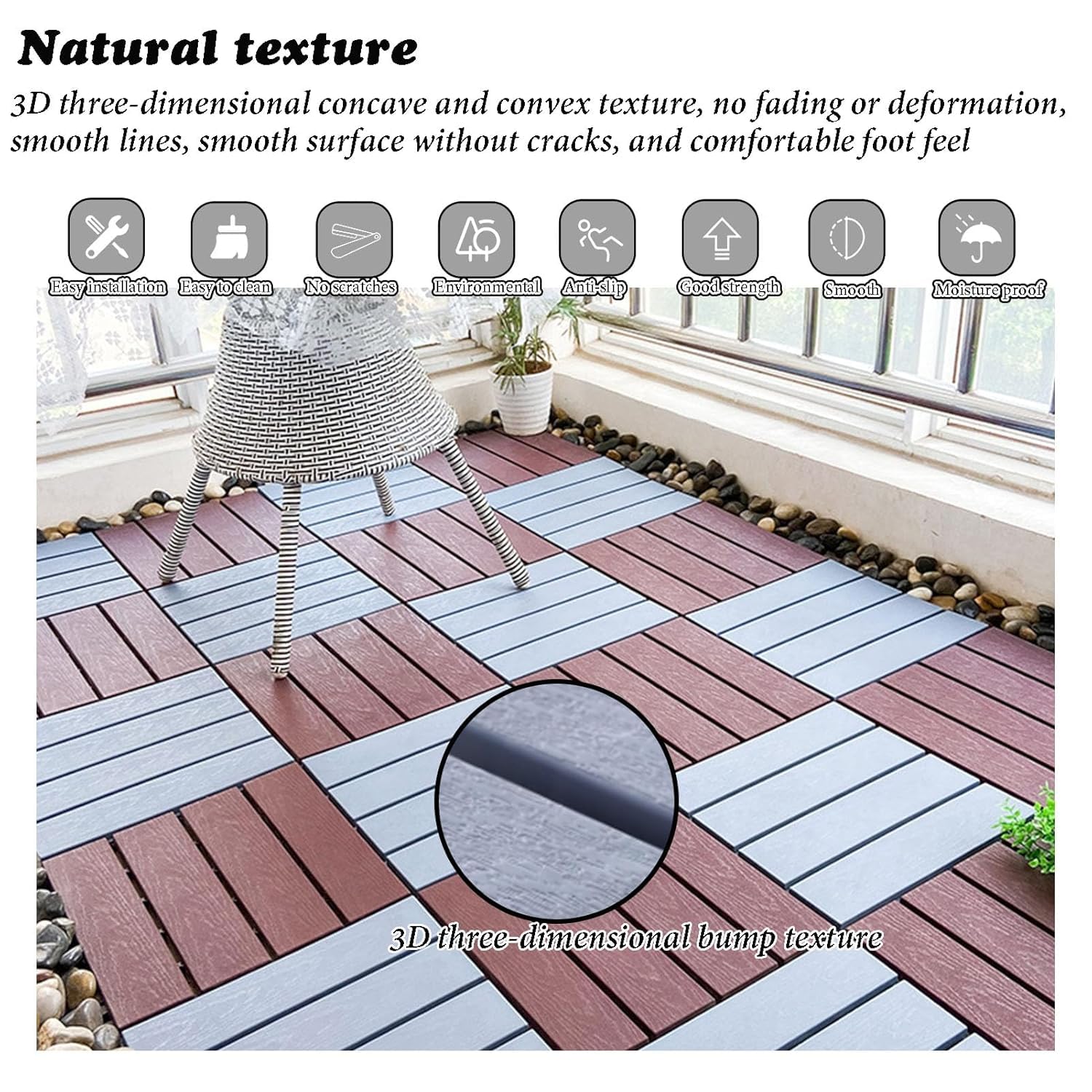 Piastrelle for pavimenti ad incastro in plastica finto legno, 11 pezzi 12x12 pollici Piastrelle for terrazza in composito, pavimentazione quadrata for interni fai da te(Dark brown,4 stripes)