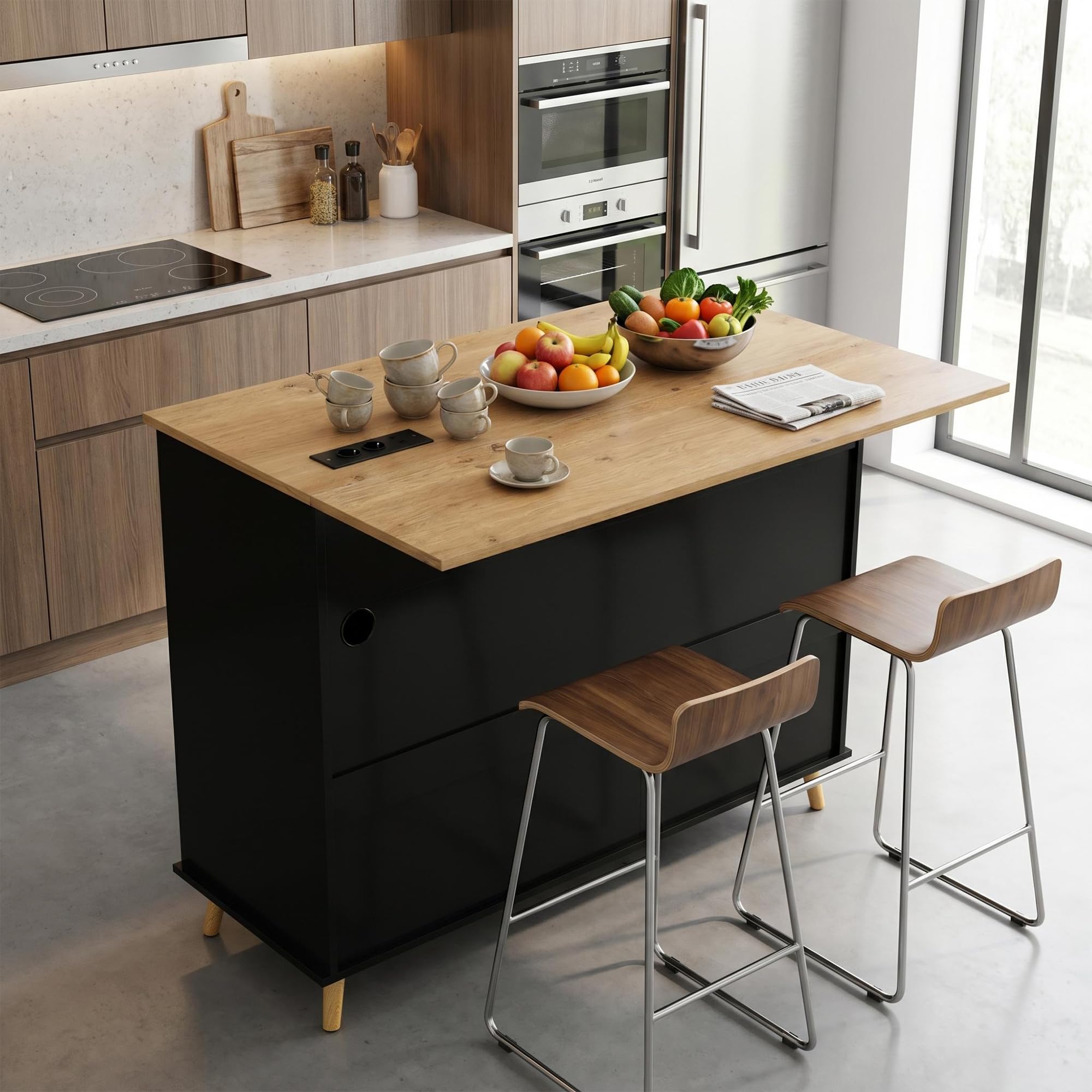 Carrello da Cucina con Ruote, Isola da Cucina con Piano Ribaltabile, Con Prese Elettriche e Porte USB, 119,5 x 74 x 94 cm, Carrello Salvaspazio per Cucina e Soggiorno, Nero
