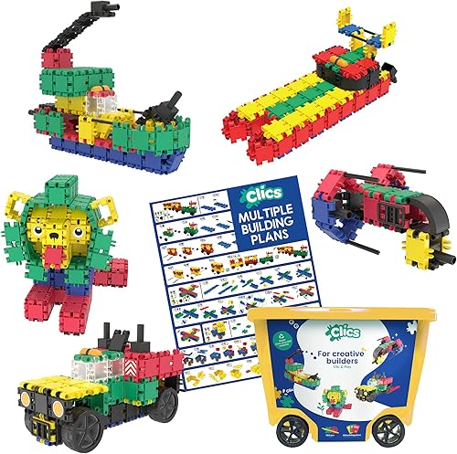 Clics Juego básico de 560 piezas, juguetes de construcción para niños de 3 años, caja rodante 20 en 1 de bloques para aprender formas y colores,