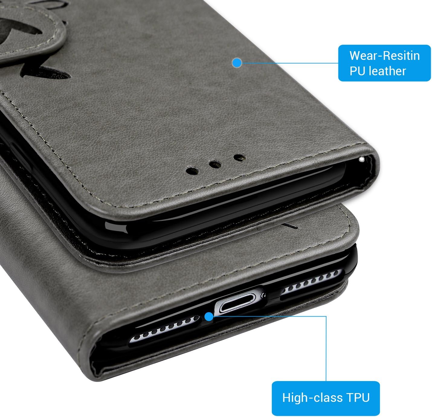 Compatible with iPhone 8 Plus Case, iPhone 7 Plus Wallet Case Embossed Love PU Leather Case TPU Shock Bumper Magnetic Detachable Card Slots Hand Strap Cover for iPhone 7 Plus & iPhone 8 Plus Gray