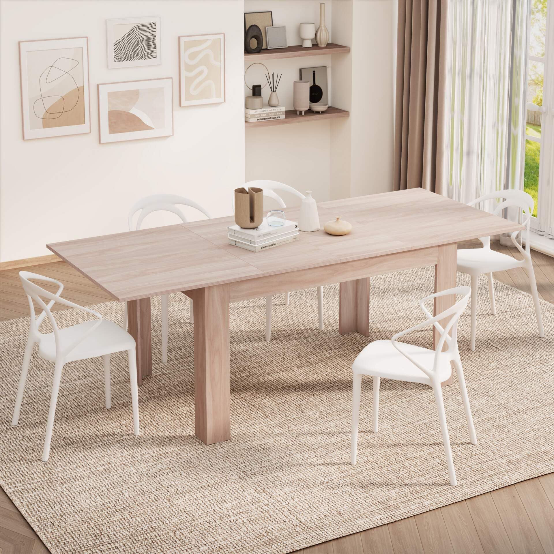 - Easy, Extendable Dining Table, 55.1(86.6) x35.4 in, Pearled Elm, Made in Italy