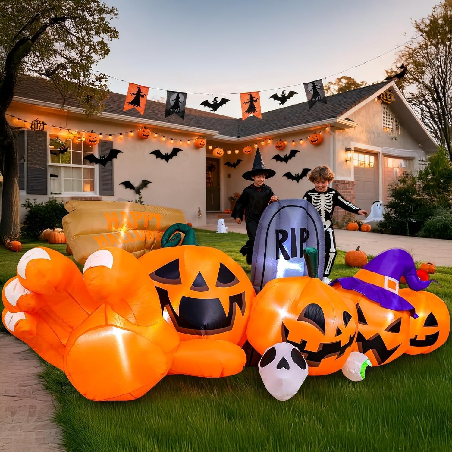 Garma 9.2 Ft Halloween Inflatables Outdoor Decorations, Long Inflatable Blow Ups Yard Decoration Pumpkin with Build-in LEDs, Gravestone and Witch Hat for Halloween Party Indoor, Lawn, Garden Decor
