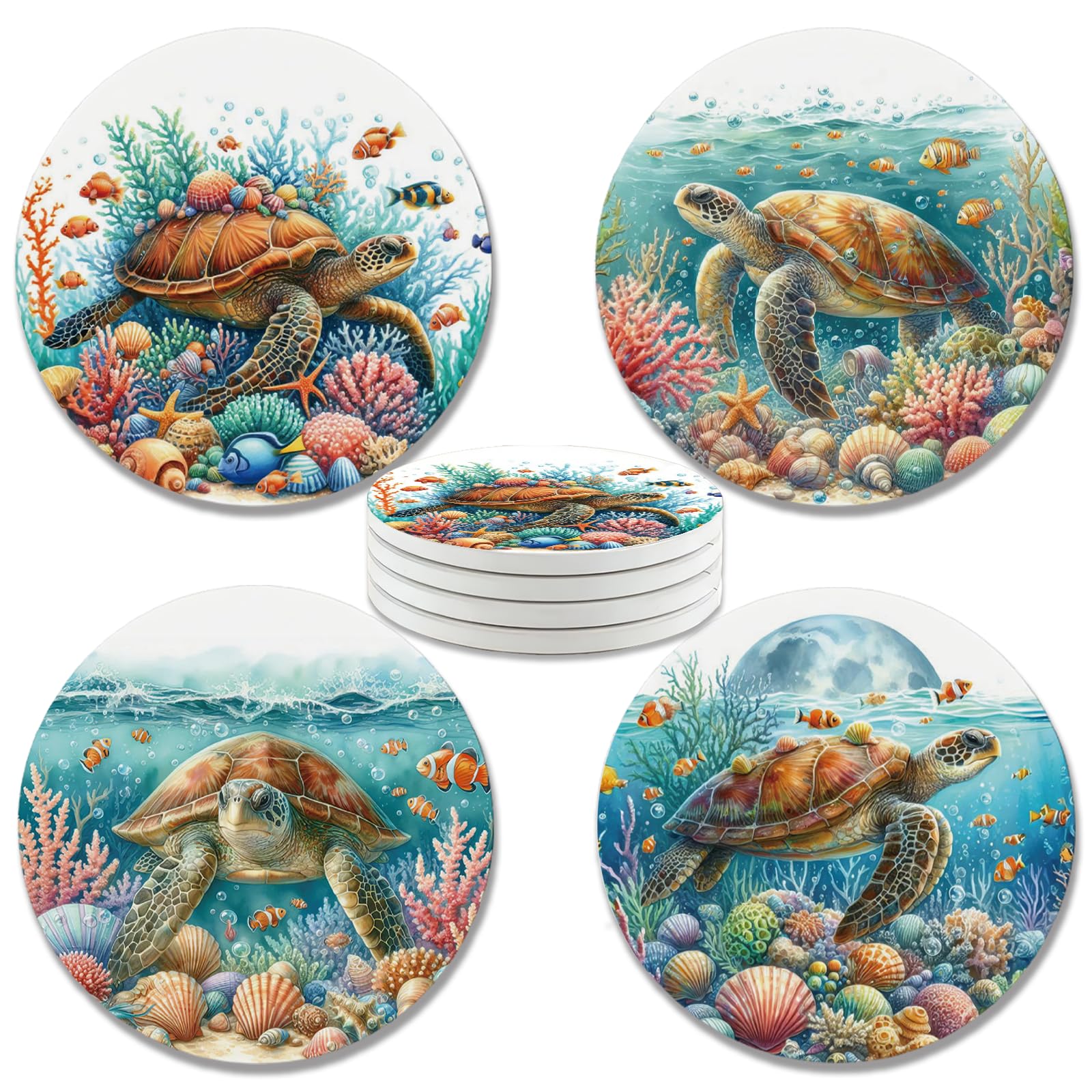zcyhtqp, Funny Absorbent Round Ceramic Stone Coasters Set of 4 with Cork Base, Sea Turtles Round Ceramic Coasters, Gifts for Home, Kitchen, Bar,
