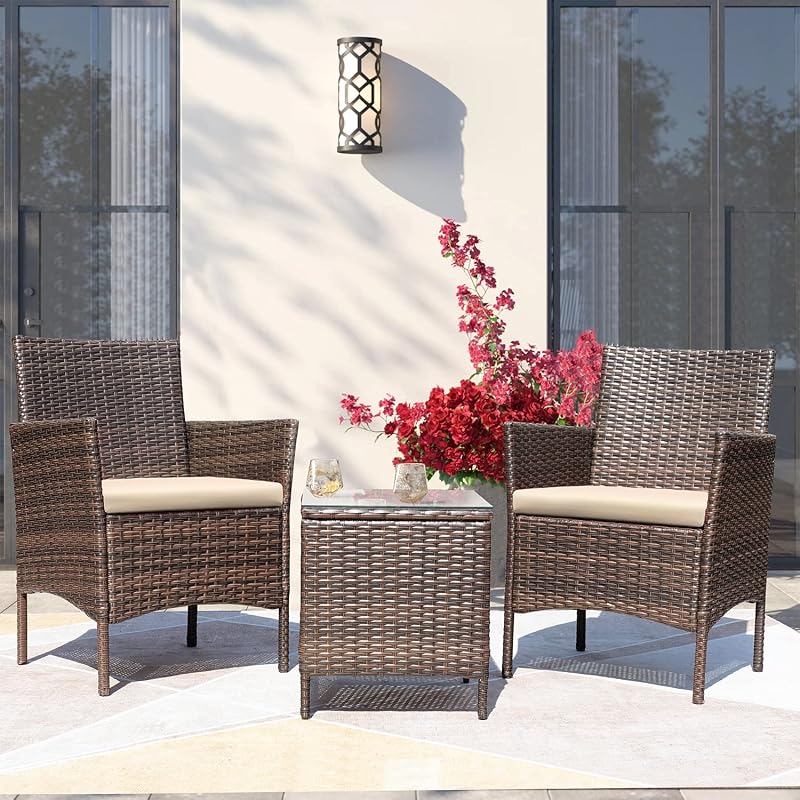 Greesum 3 Pieces Patio Furniture Sets Outdoor PE Wicker Chairs,Beige image 2