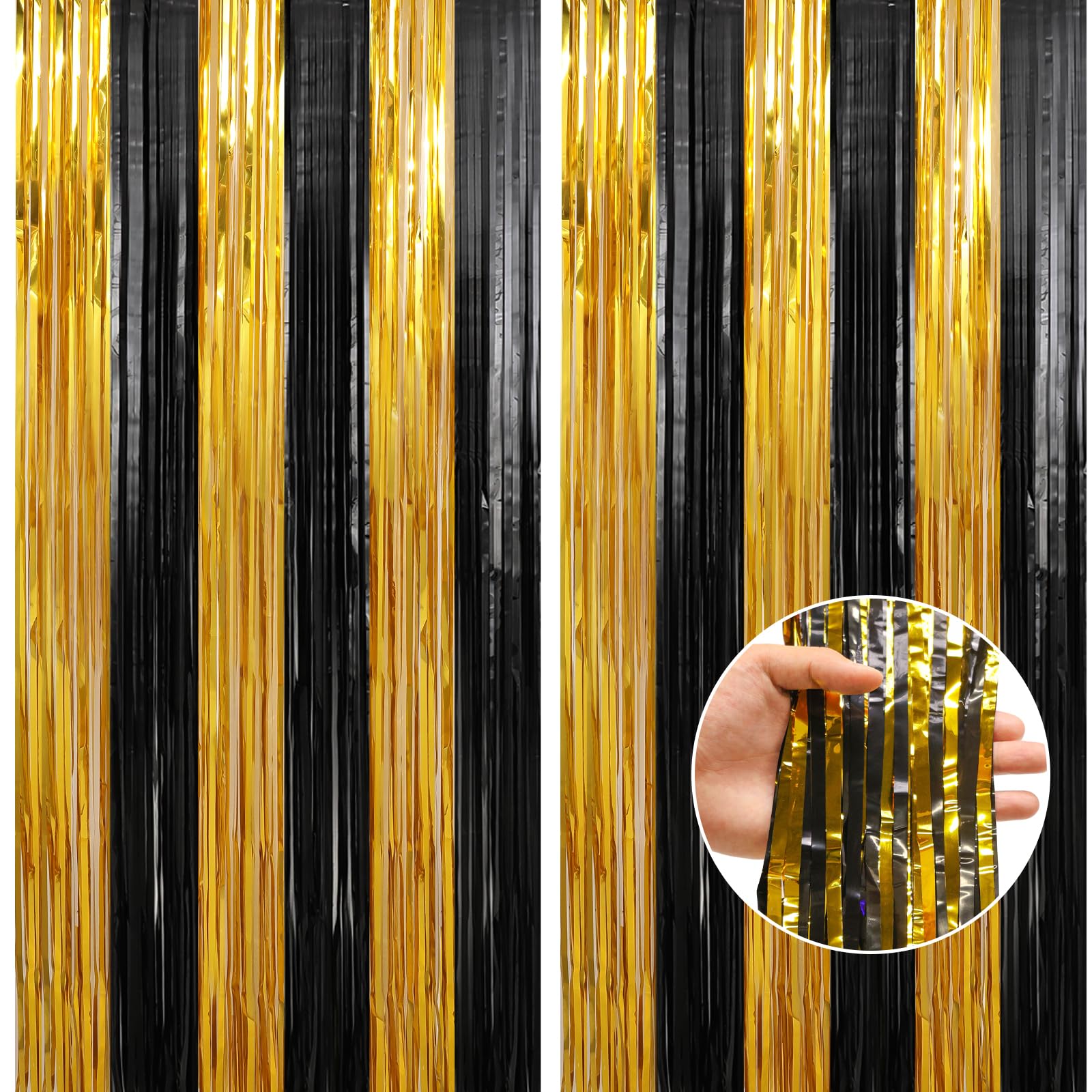 Crosize 2 Pack Gold and Black Party Streamers Backdrop, 3.3 x 9.9 ft | Tinsel Foil Fringe Curtain, Birthday Decorations, Party Decor, Door Streamers, Glitter Photo Backdrop