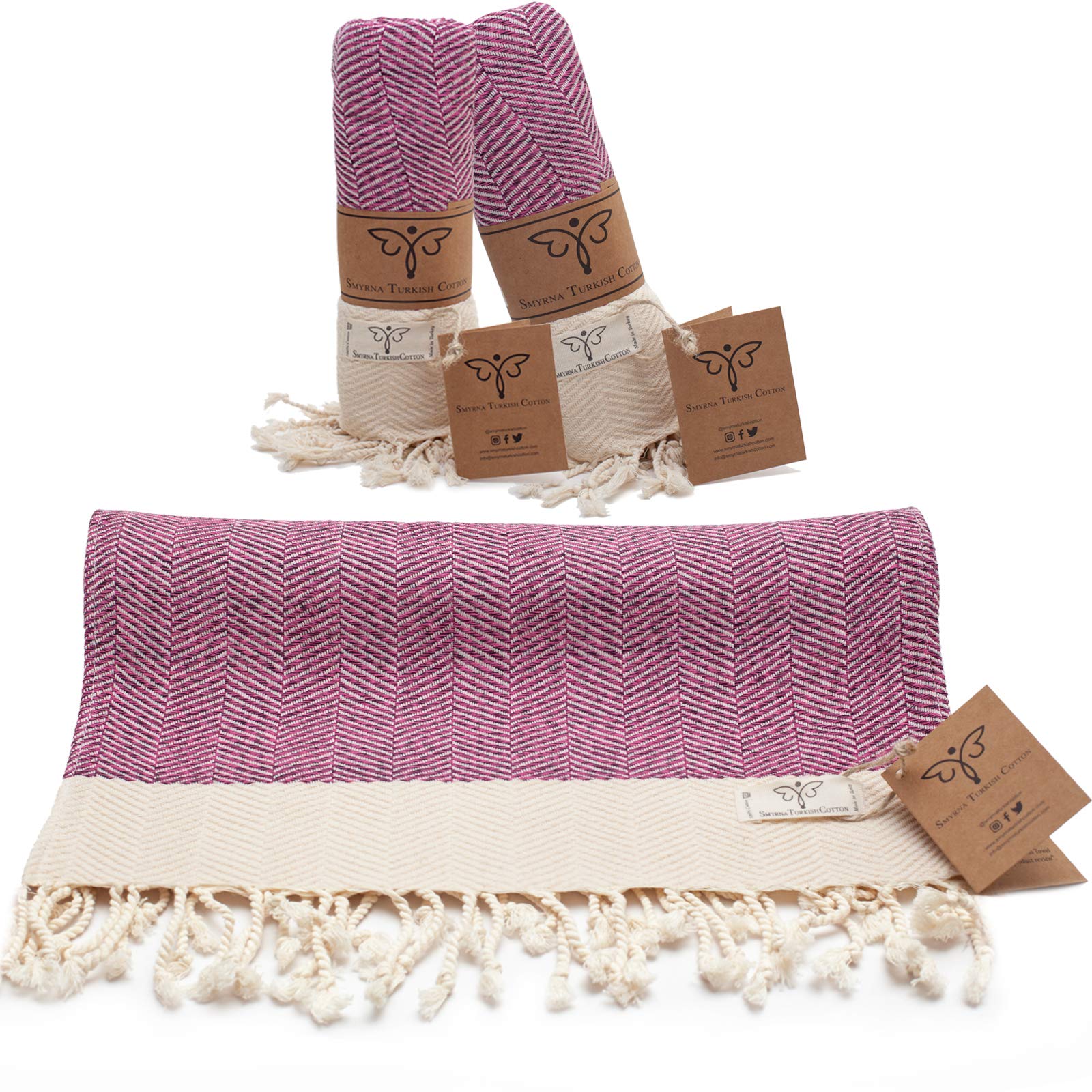 Smyrna Original Turkish Hand Towels Herringbone Series Set of 2 | 100% Cotton, 16 x 40 Inches | Decorative Bathroom Peshtemal Towel for Hand, Face, Hair, Gym, Yoga, Tea, Kitchen and Bath (Fuchsia)