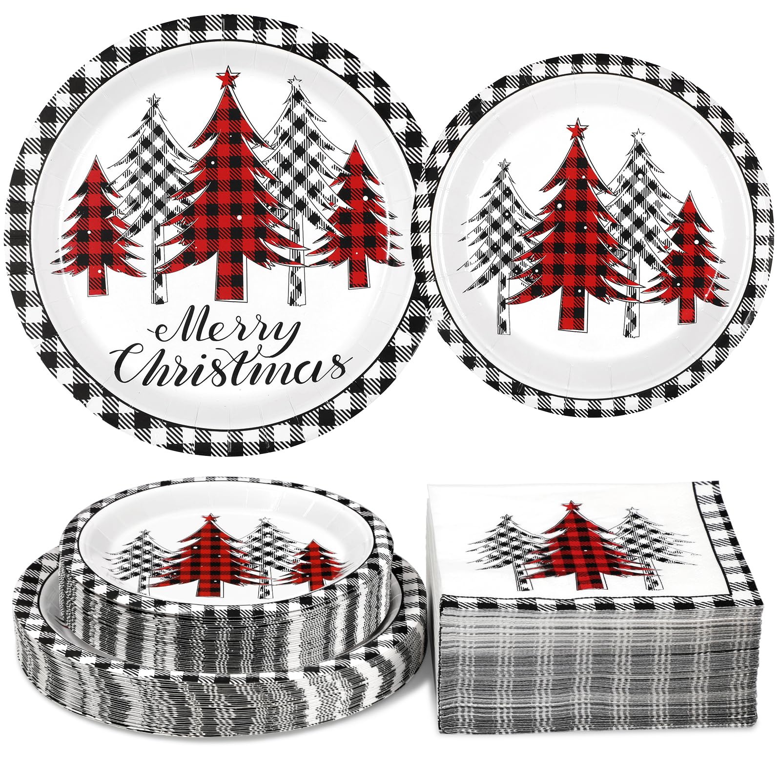Homlouue Juego de 200 platos y servilletas de papel de Feliz Navidad, platos y servilletas desechables de árbol de Navidad, juego de vajilla desechable de Navidad, decoración de fiesta de Navidad,