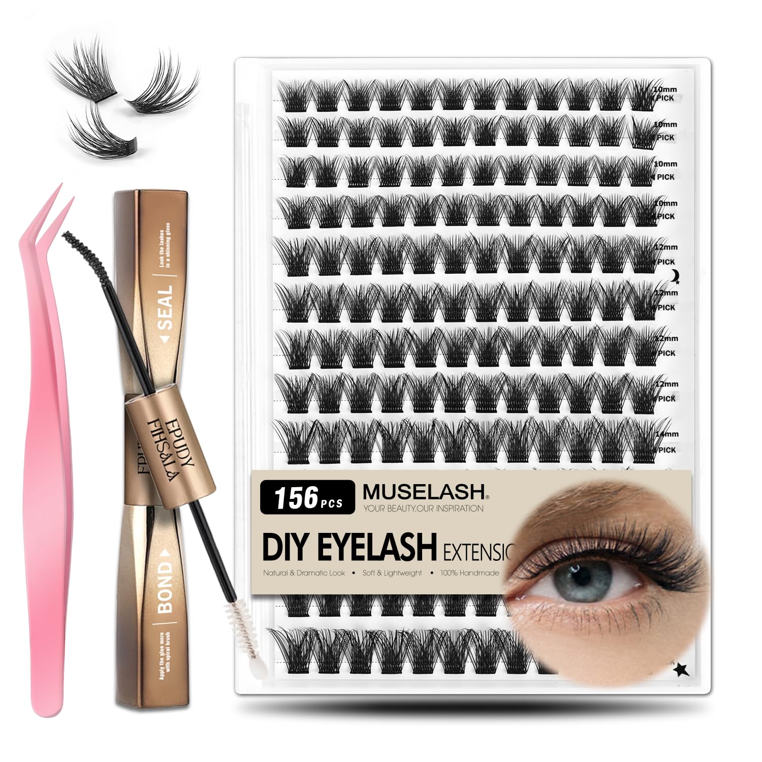 Lash Clusters DIY Lashes Extensions Kit 156pcs Soft Volume Eyelashes 10-16mm C Curl Individual Lashes Super Thin Band Cat Eye Style Eyelashes with