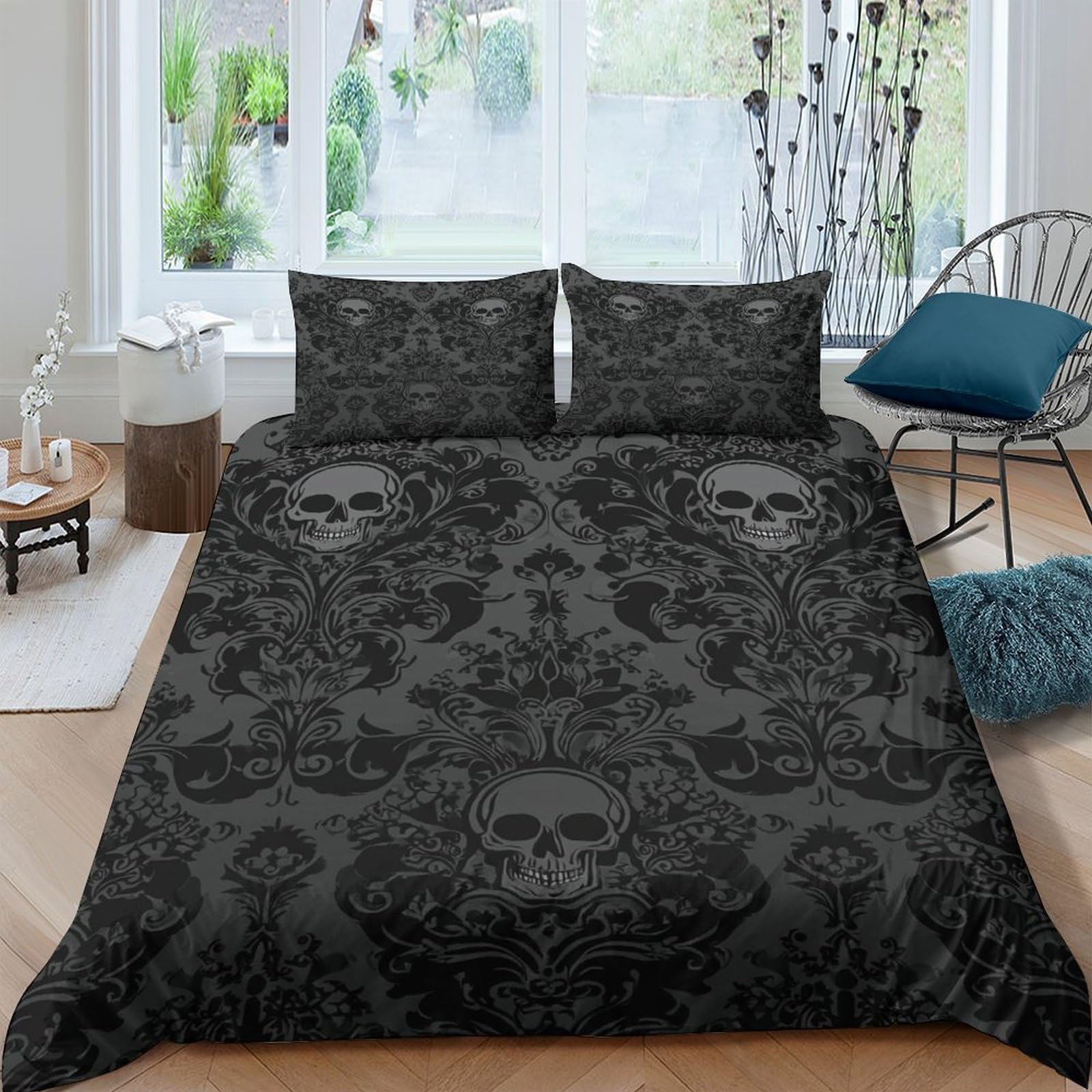 Ctjqhvkz Style-9 3D Printed Gothic Skull Fitted Sheet Microfiber Soft Black Baroque Skull Mattress Cover For Bedroom Guest Room Home Decor Single（135X200cm）