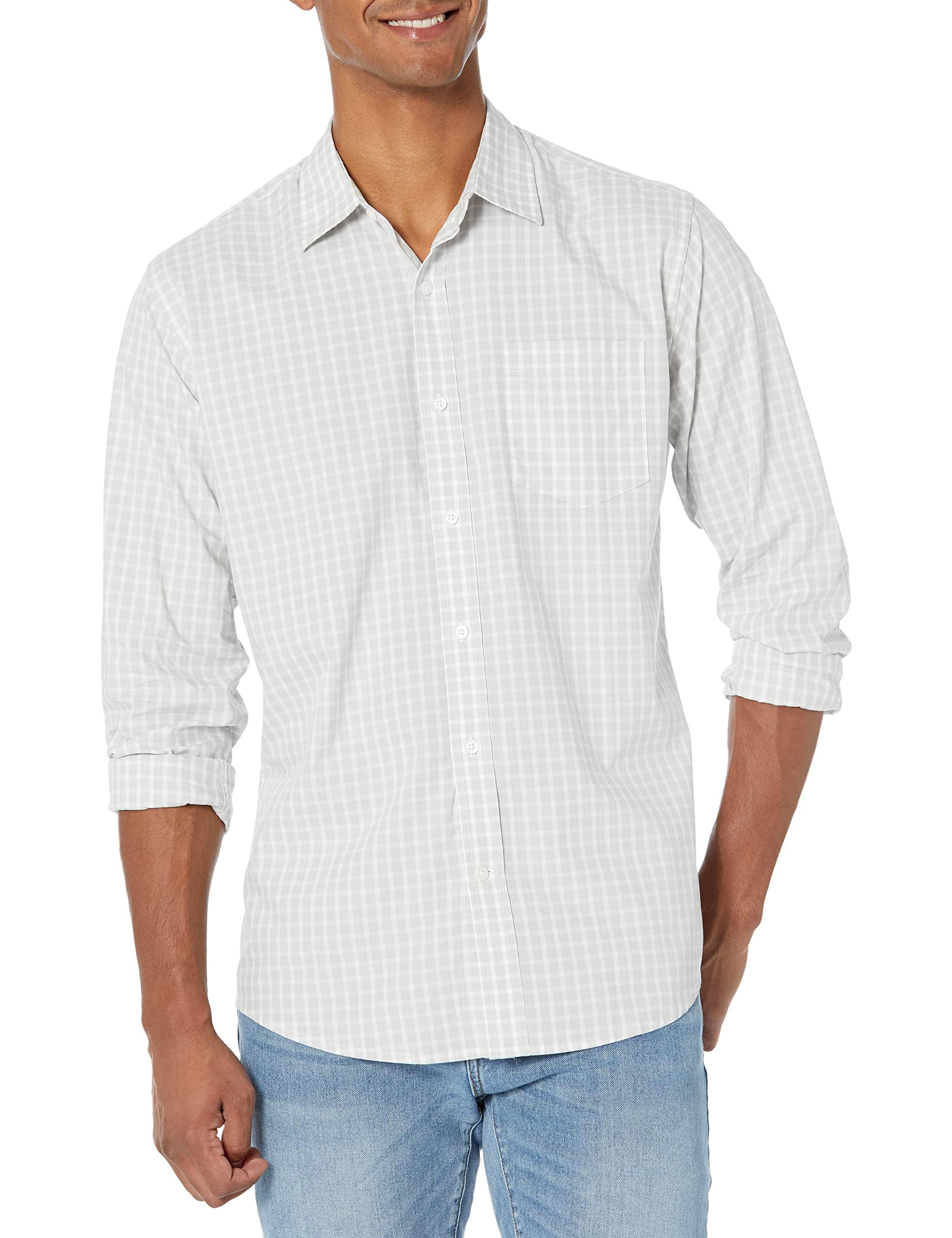 Amazon Essentials Men's Regular-Fit Long-Sleeve Casual Poplin Shirt, Button Front, Business Casual, Collared Regular Fit Light Grey White Checked X-Large