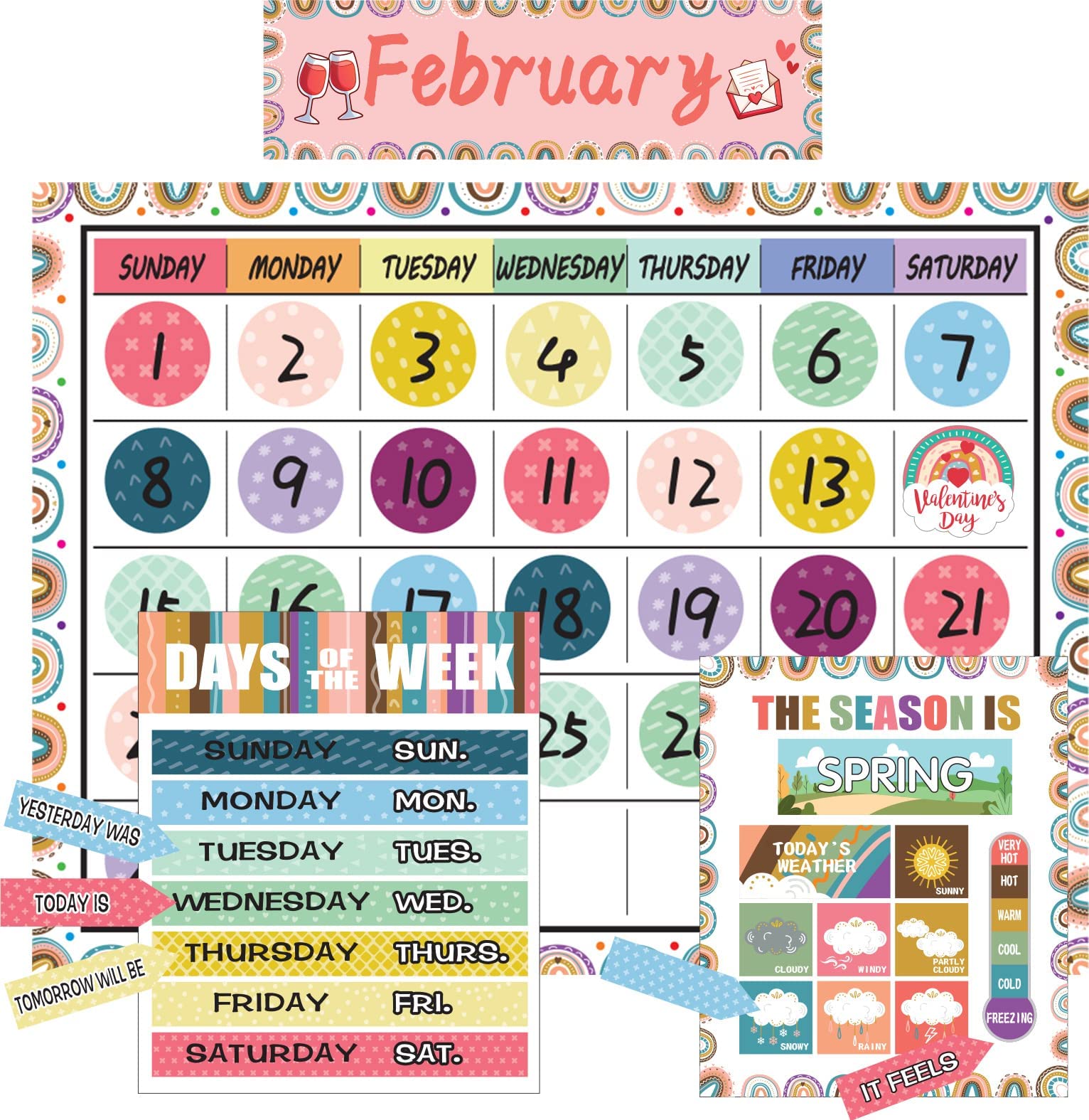 Amazon.com : Boho Rainbow Calendar Bulletin Board Set Calendar Seasons  Weather Chart CTP Bulletin Board and Classroom Decoration with Seasons,  Weather, and Days of The Week Chart, Back to School Decorations :