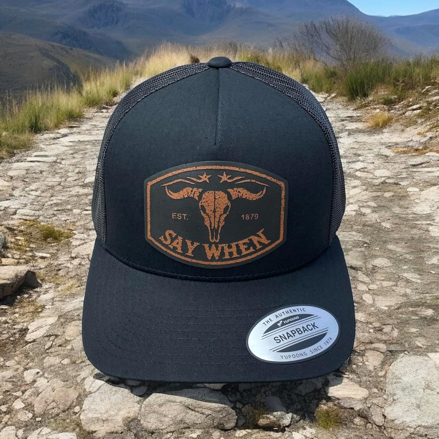 Say When Trucker Hat – Black YP Snapback with Rawhide Leatherette Patch – Western Trucker Cap - Black with Rawhide Patch
