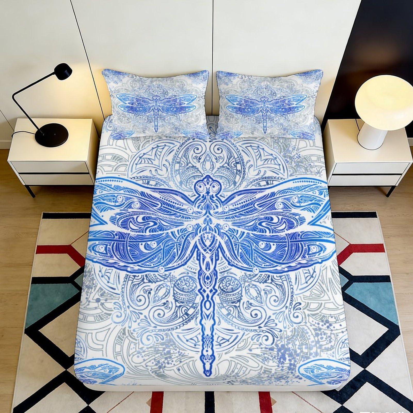 3D Printed Blue Dragonfly Fitted Sheet Microfiber Soft Breathable Mandala Bed Cover for Bedroom Dormitory Guest Room Mattress Protection Decor 90x200x25cm