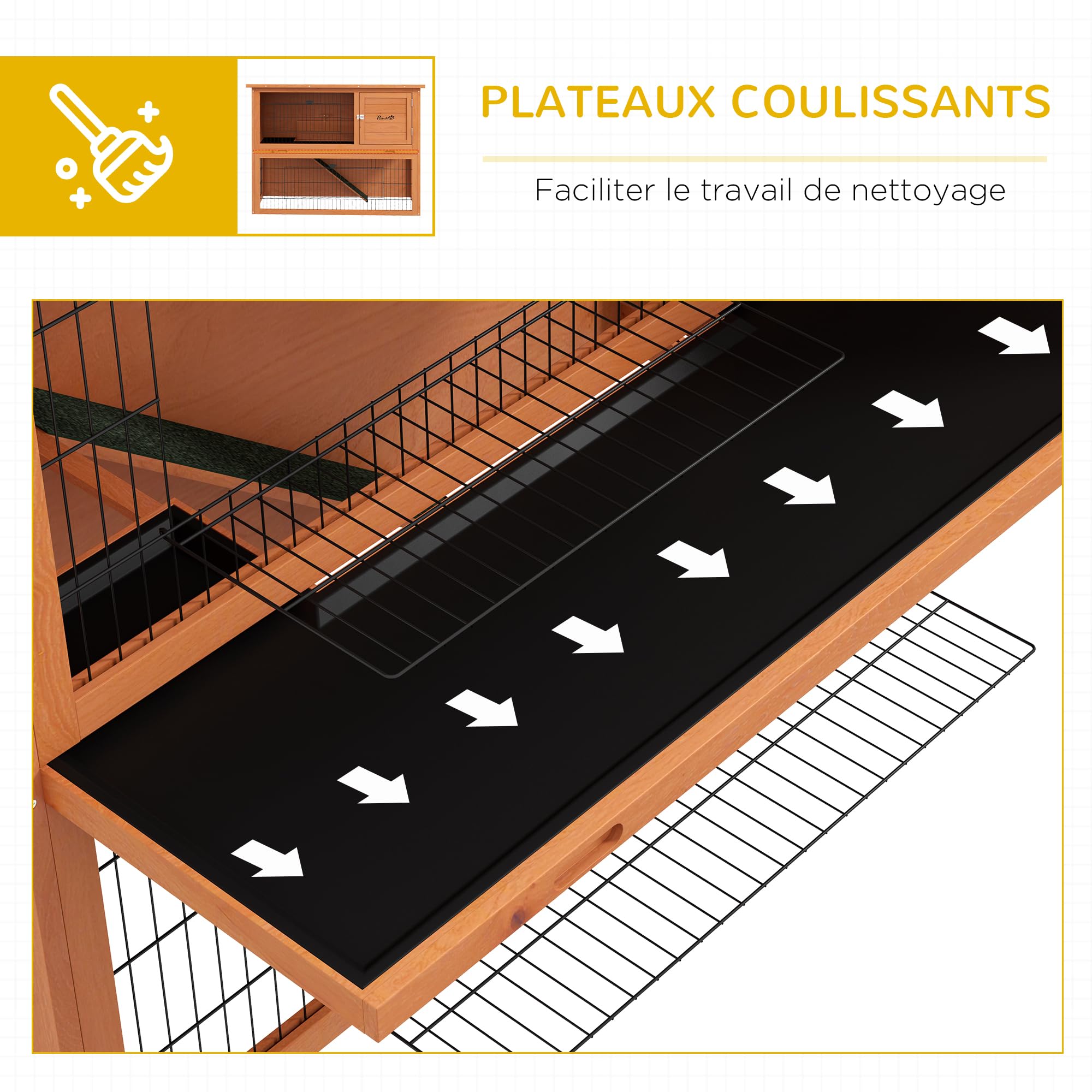PawHut Clapier à Lapin Cage à Lapin 2 étages avec 3 Portes verrouillables Plateau Coulissant Rampe et Toit bitumé Bois Massif, 120 x 50 x 92 cm, Orange