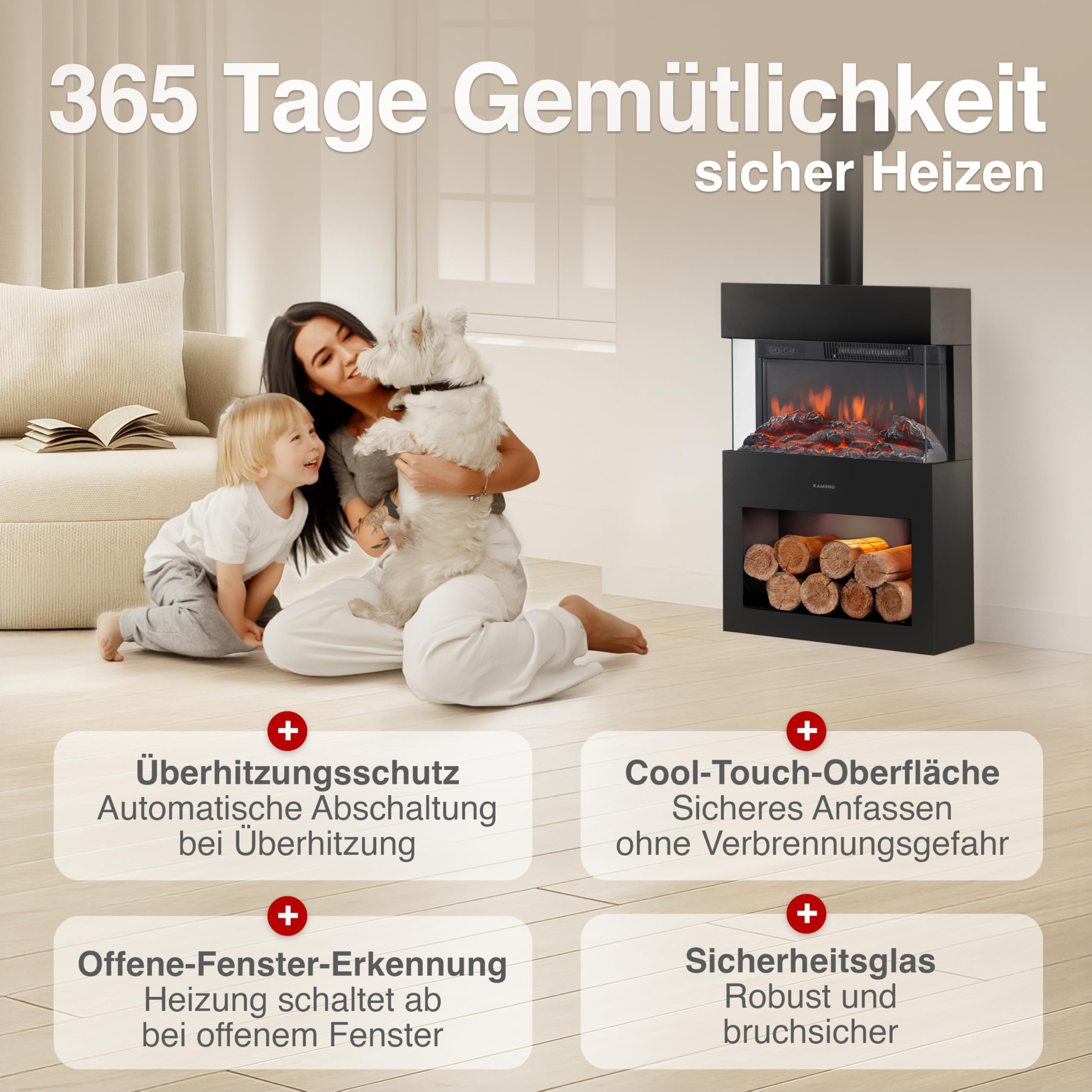 KAMINIO Elektrokamin Henri mit Ofenrohr - Elektrischer Kaminofen mit Heizung, 3D-Flammeneffekt, Holzfach, LED-Ambientelicht, Fernbedienung (Schwarz)