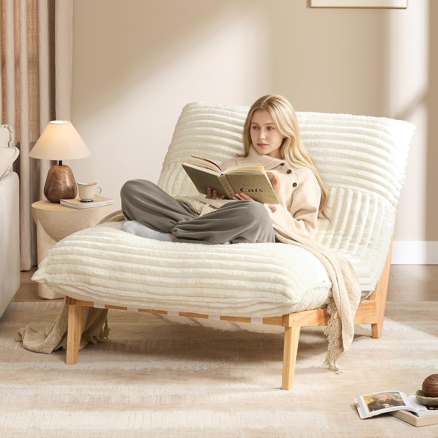 Oversized Chaise Lounge Chair, Bean Bag Chair with Removable Upholstered Cover, Sleeper Sofas Accent Chair with Sturdy Wood Frame for Living Room,Beige
