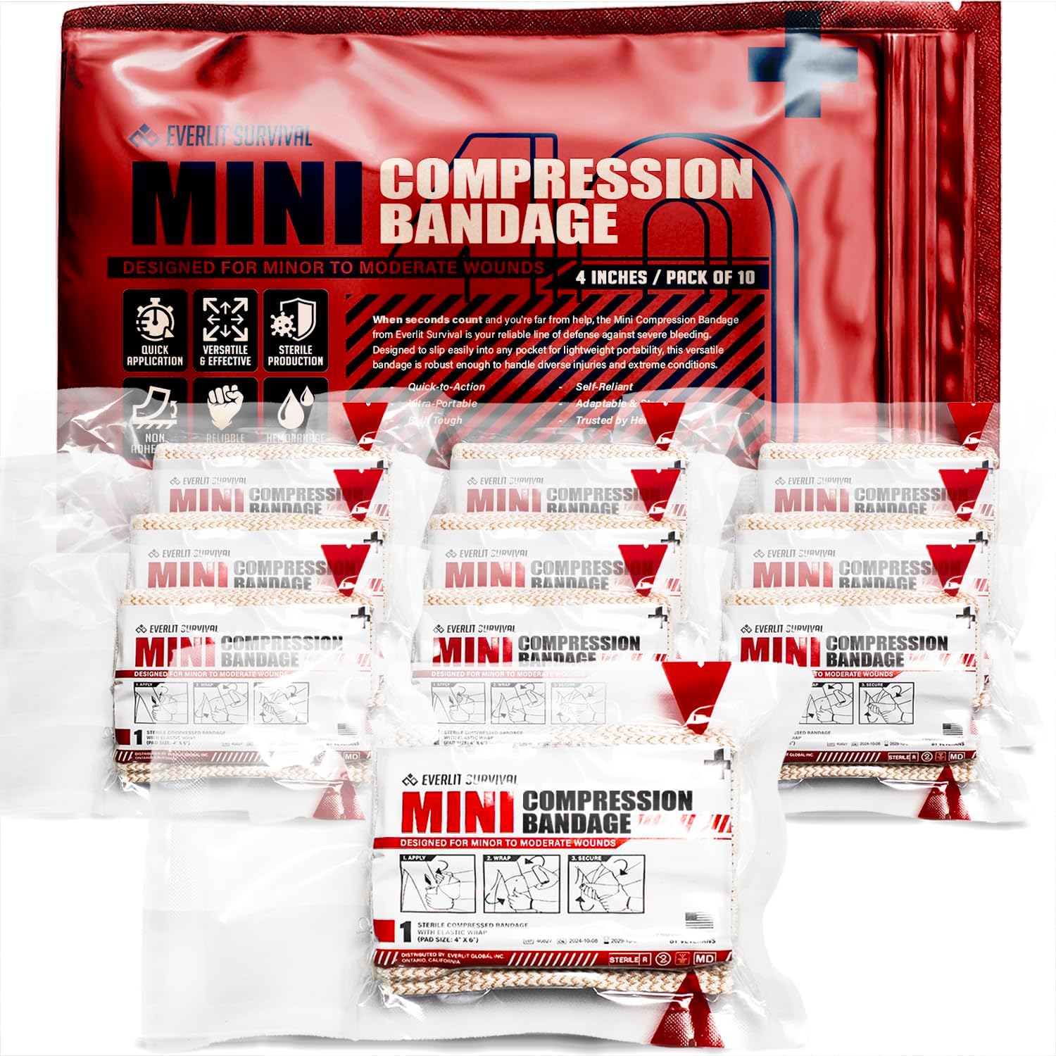 EVERLIT Mini 4 x 6 Inch Emergency Bandage Compression Trauma Pressure Wound Dressing Sterile Vacuum-Sealed for Bleeding Control, Gun Shot, Medical Kit, First Aid IFAK (10) EVERLIT Mini 4 x 6 Inch Emergency Bandage Compression Trauma Pressure Wound Dressing Sterile Vacuum-Sealed for Bleeding Control, Gun Shot, Medical Kit, First Aid IFAK (10)