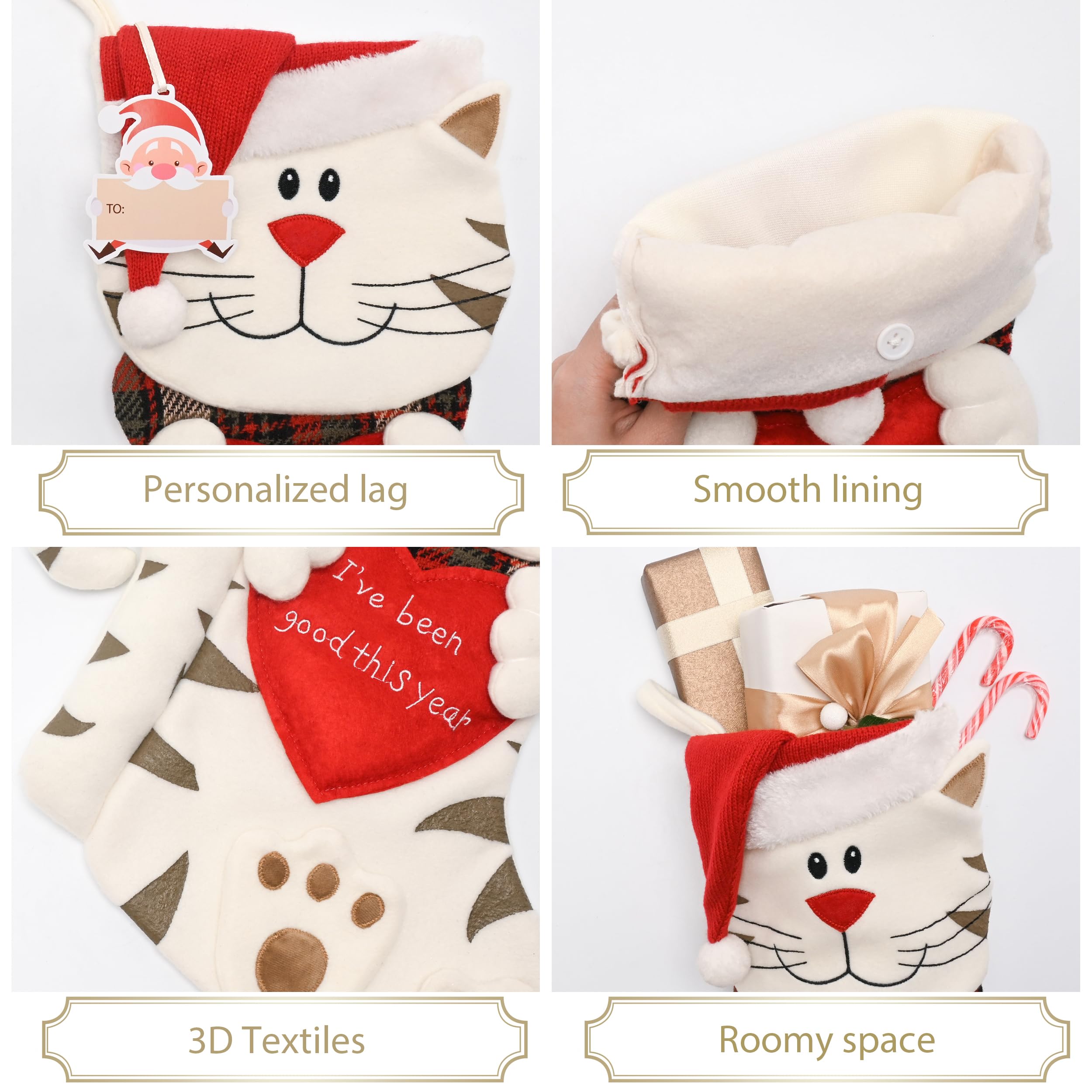 Valery Madelyn Chaussette de Noël en forme de chat rayé de 53,3 cm, mignonne peluche personnalisée pour cheminée rouge et blanc pour animaux de compagnie pour fêtes de vacances, décorations de Noël et