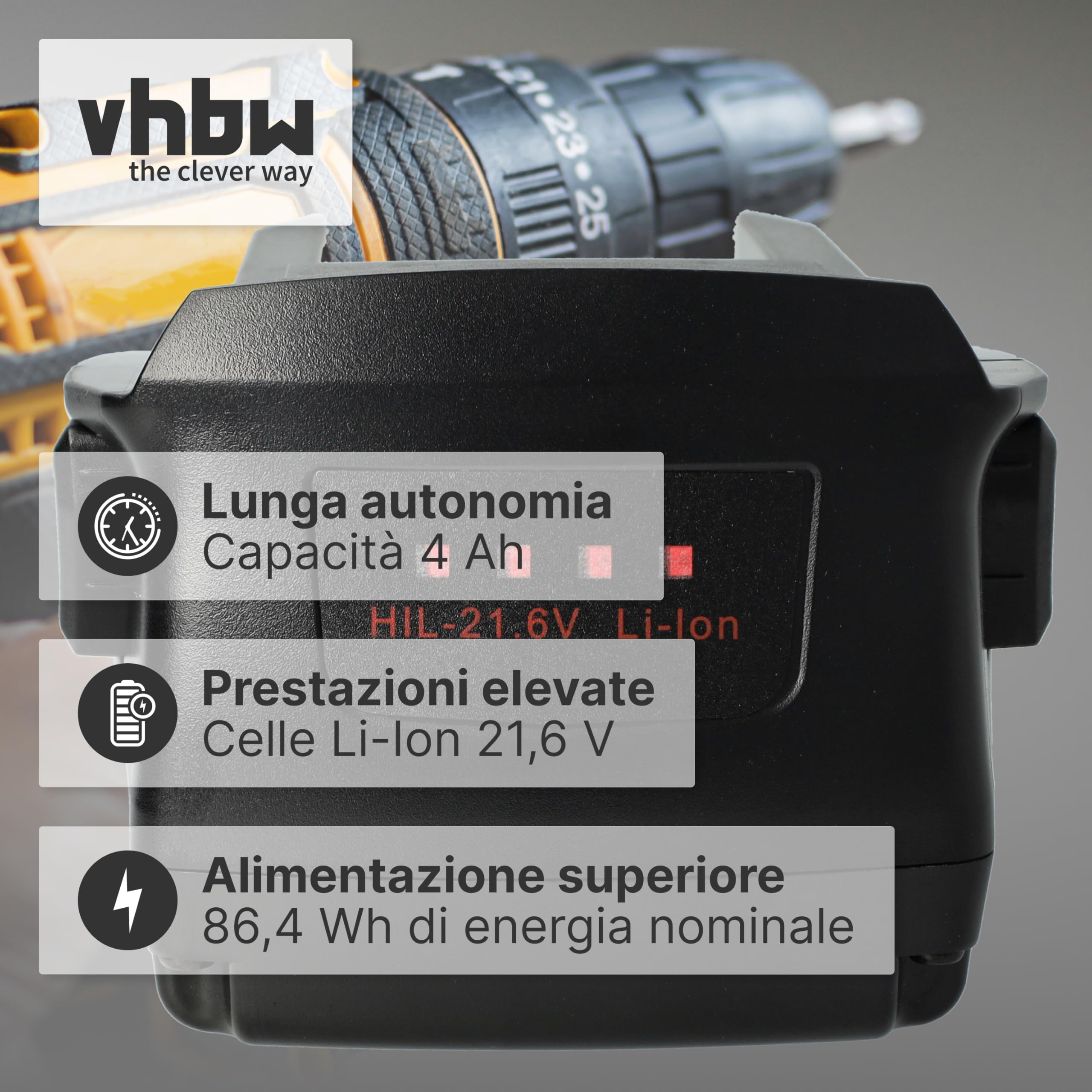 vhbw batteria sostituisce Hilti 426176, 2018498, 2136393, 2136395, 2183185, B22/5.2, B22/8.0 per attrezzo da lavoro (4000 mAh, Li-Ion, 21,6 V)