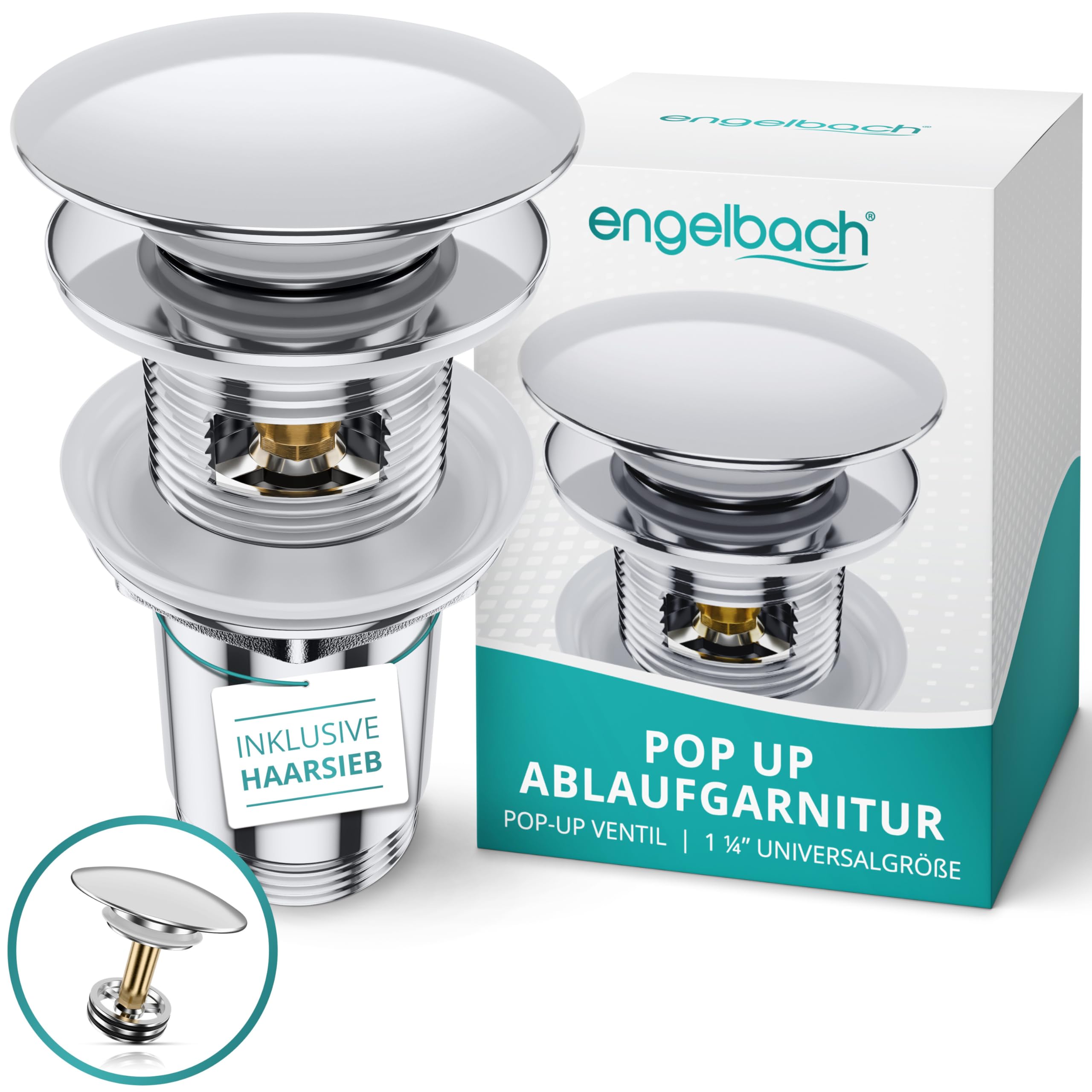 Engelbach® Universal Waschbecken Ablaufgarnitur - Pop up Ablaufventil mit Überlauf (Auch für Waschtische) Herausziehbarer Stöpsel mit Haarsieb - inklusive Einbauanleitung