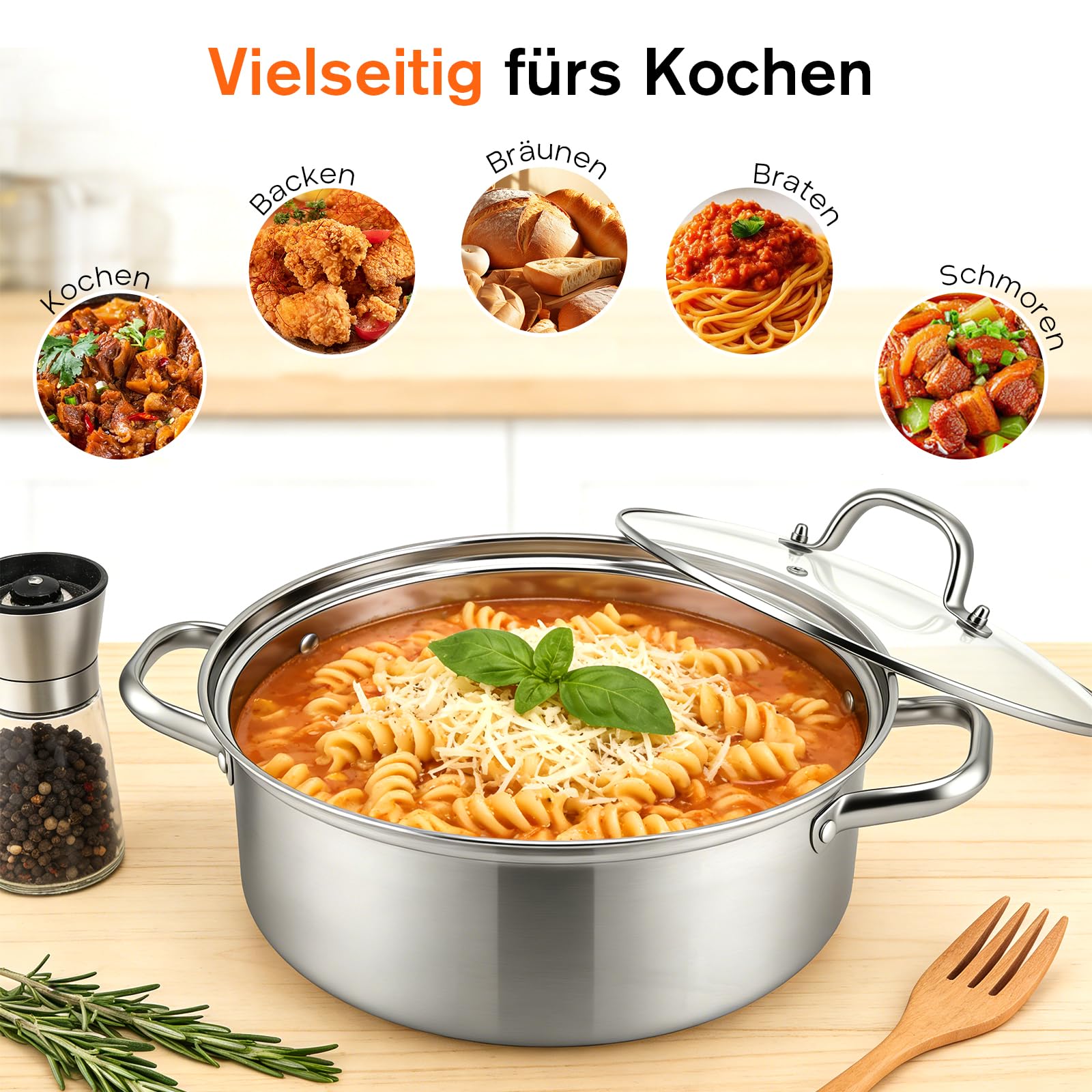 Edelstahl Schmorpfanne,Hohe Edelstahl Servierpfanne unbeschichtet & ohne PTFE/PFOA,Pfanne für alle Herdarten, Servierpfanne geschmackserhaltend, Backofenfest(26CM)