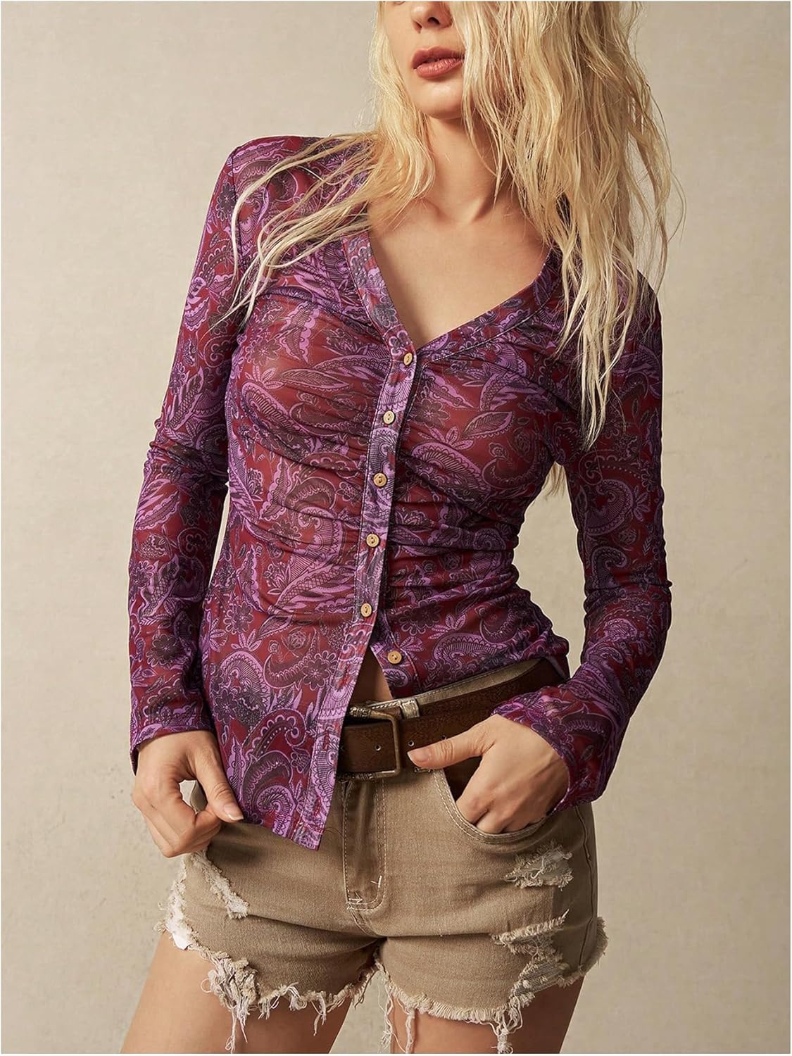 SweatyRocks Women's Long Sleeve Slim Fit Ruched Button Down Shirt Y2k Vintage Going Out Tops - Image 3