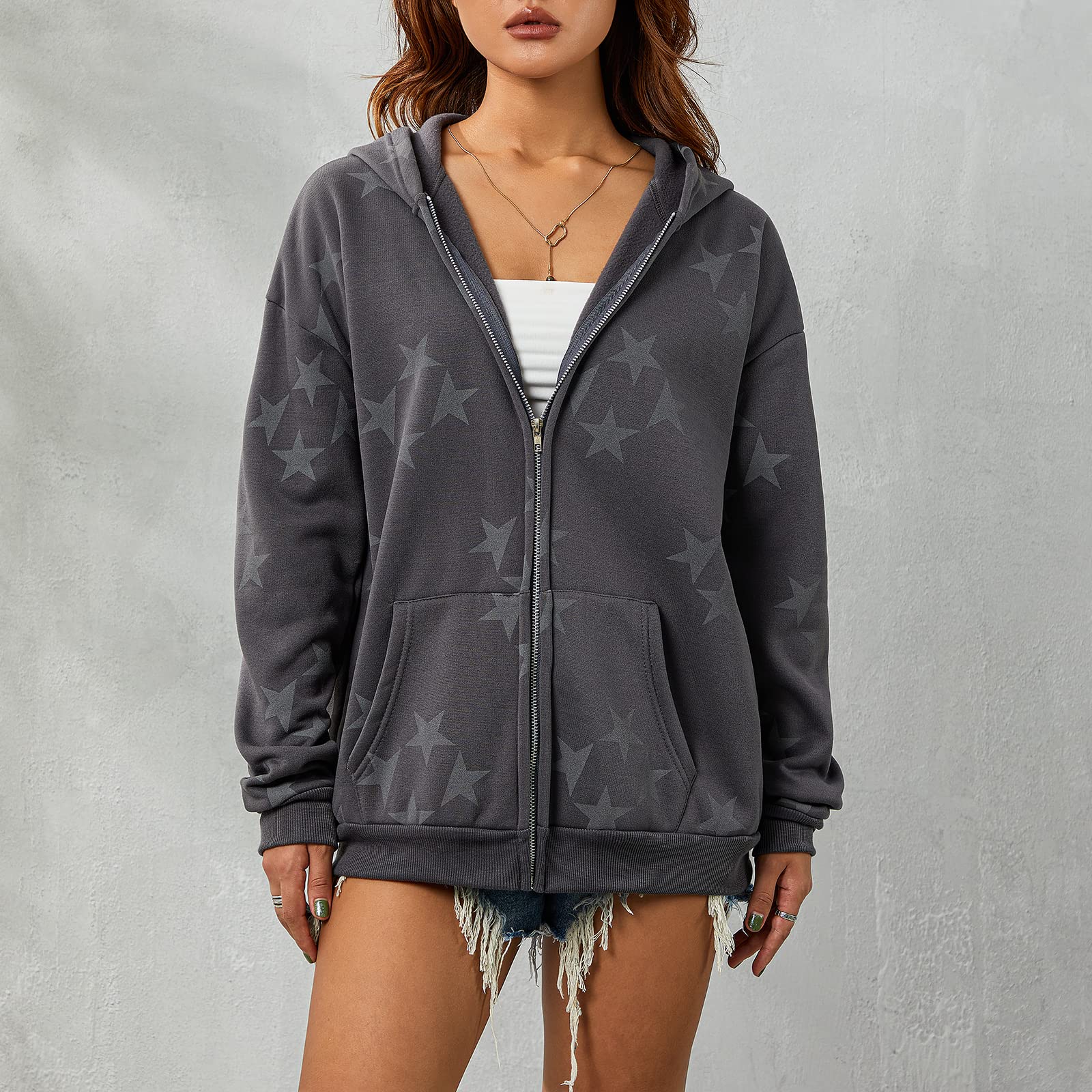 Sexy Outfit Damen Y2k Grunge Star Zip-Up Hoodie Gemütliche Loose Fit Harajuku Streetwear Sweatshirt mit Tasche für Herbst Winter