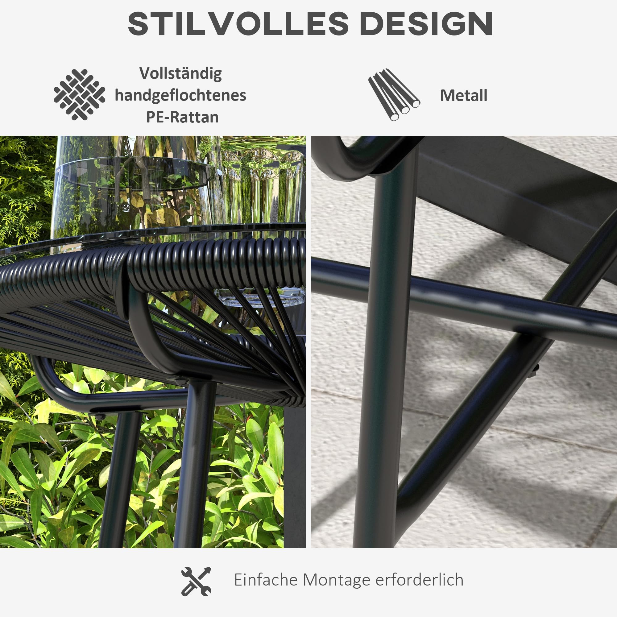 Outsunny Ratten Beistelltisch, Bistrotisch, Kaffeetisch mit Glastischplatte, Runder Gartentisch, für Terrasse, Balkon, Schwarz, 50 x 50 x 50 cm
