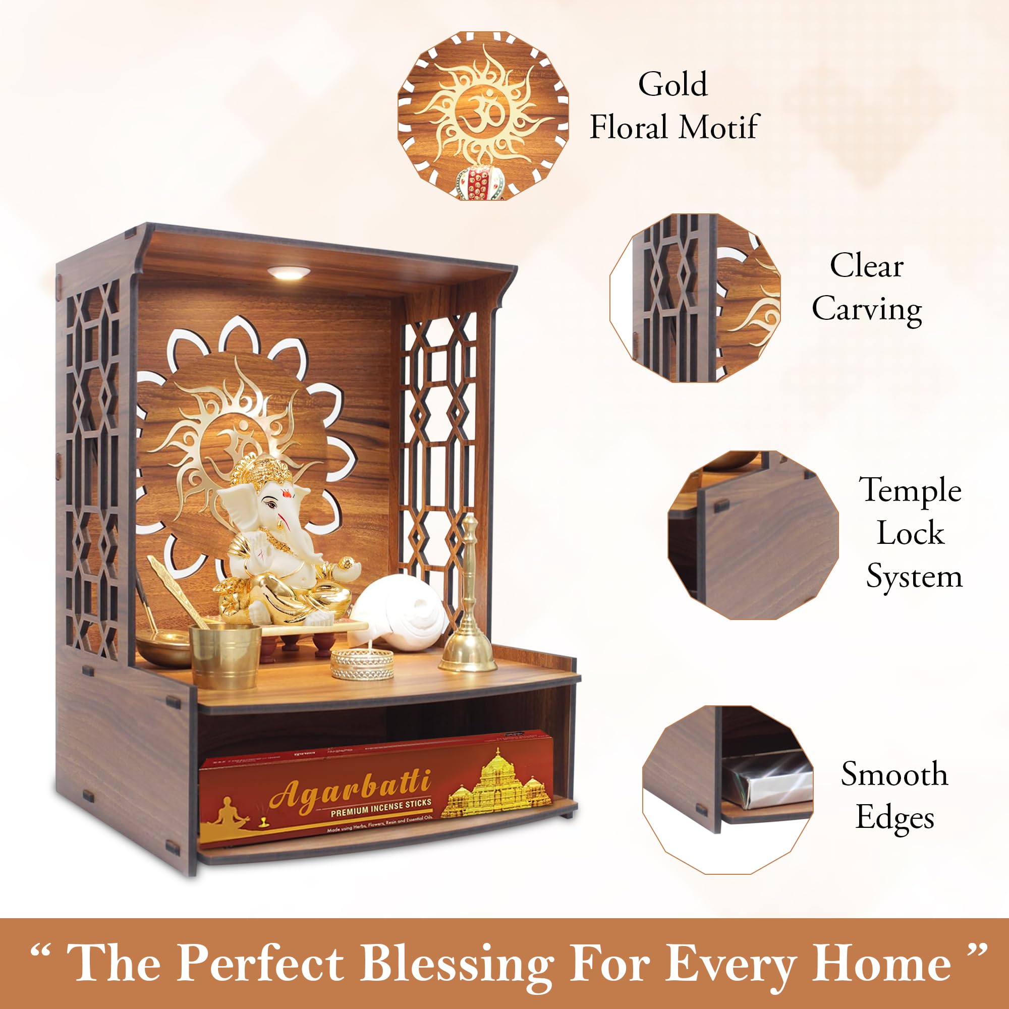 GLUN® Beautiful Wooden Pooja Mandir for Home | Wall Mounted Puja Temple with LED Light | Compact Prayer Stand for Office & Apartment Size 15x11x11 Inch