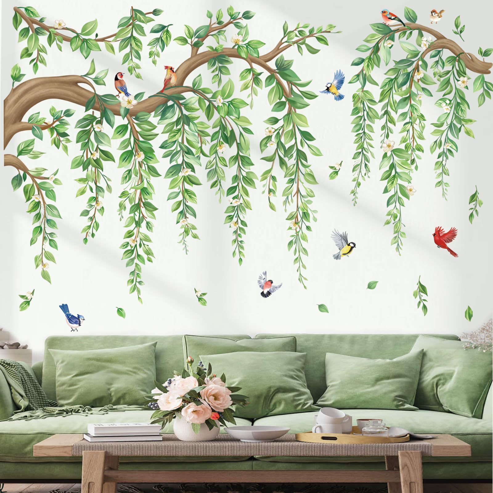 Decalmile Stickers Muraux Oiseaux Sur Branche D'arbre Feuilles Vertes Oiseau Volant Stickers