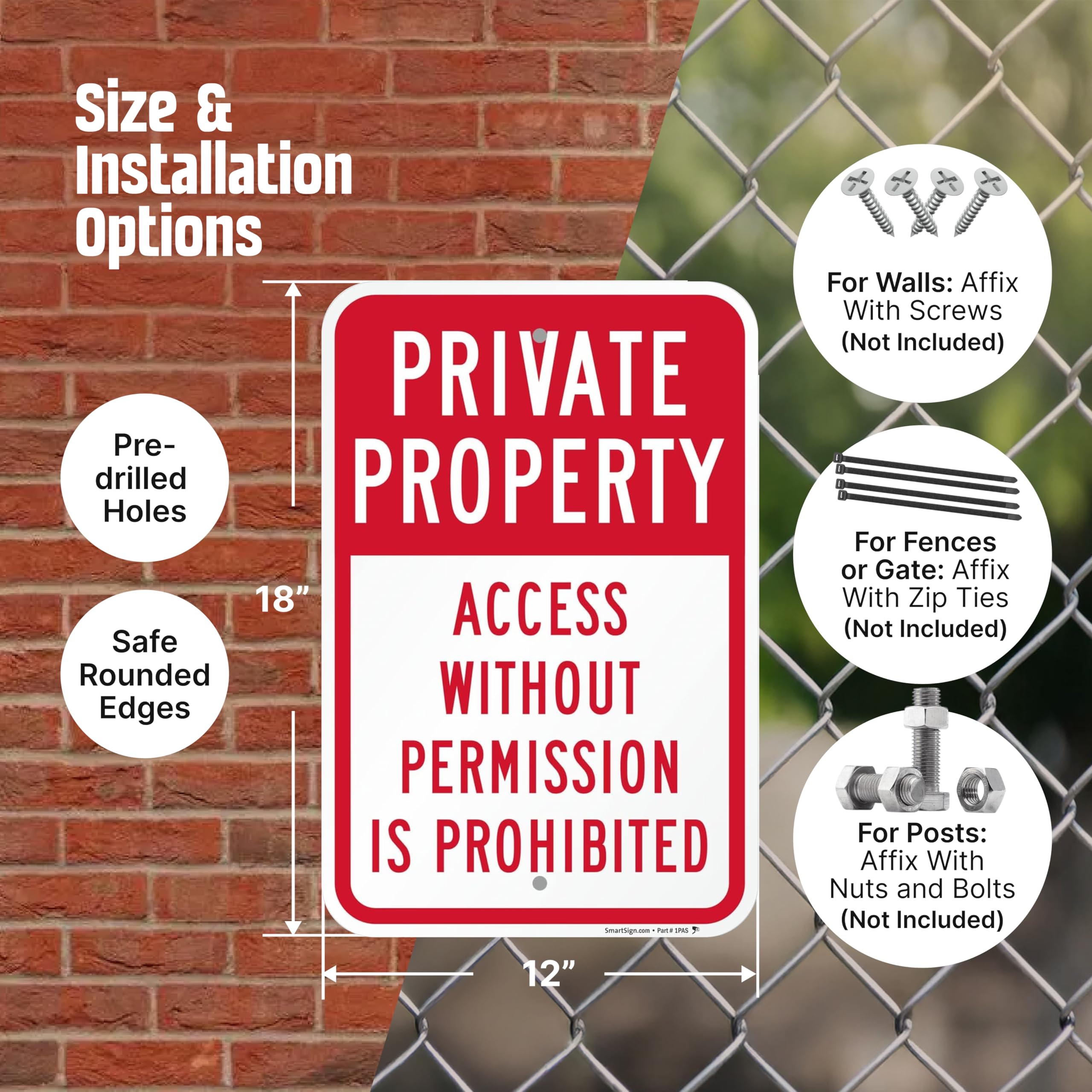 SmartSign Letrero de acceso a propiedad privada sin permiso, paquete de 2, 12 x 18 pulgadas, compuesto de aluminio de 80 mil de grosor (ACM), agujeros preperforados, rojo y blanco, fabricado en