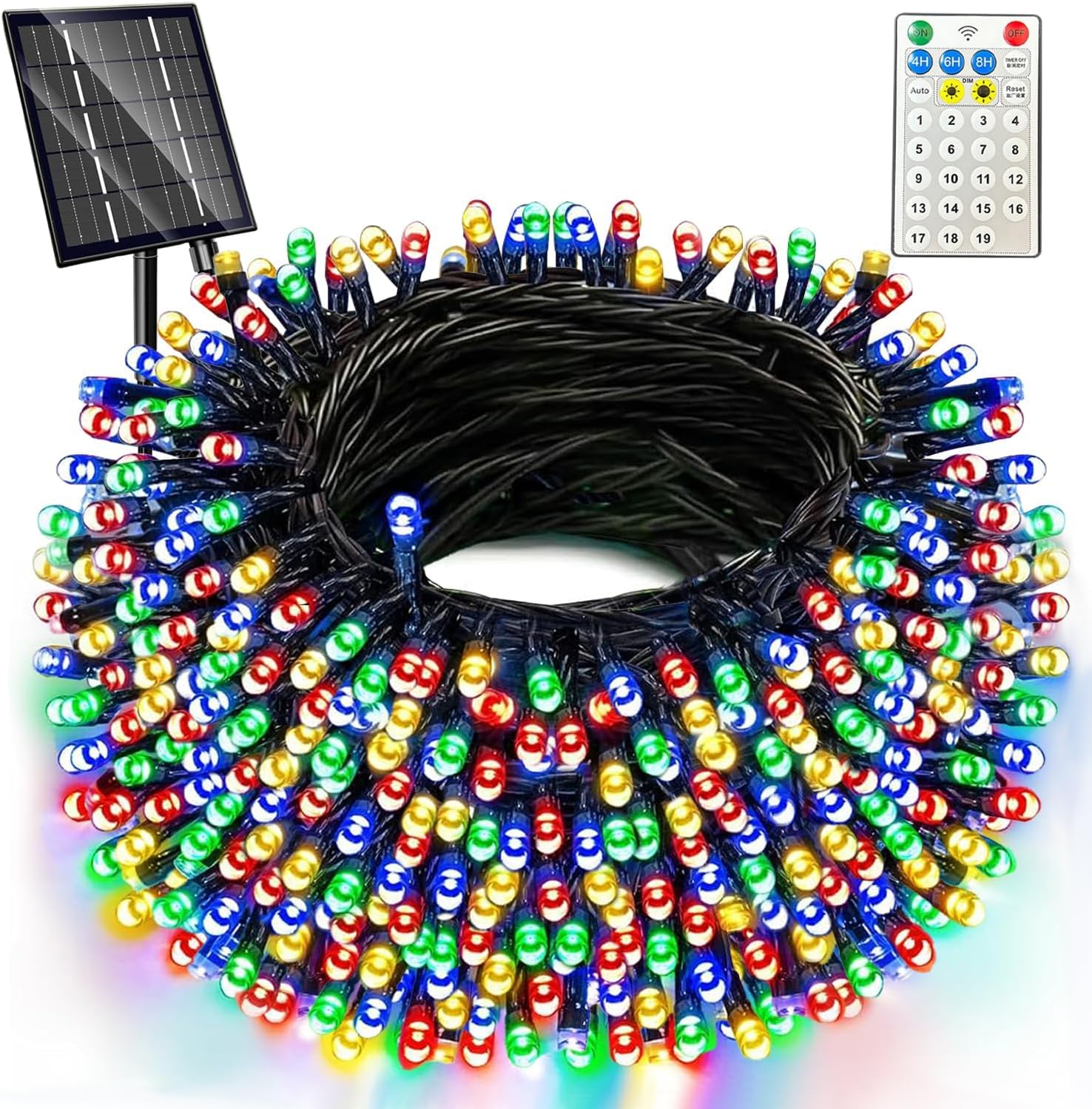 Amzxart Catena di luci solari per esterni, 400 LED, 42 m, per esterni, a energia solare, 19 modalità, per esterni, IP65, impermeabile, per balcone, giardino, albero di Natale, feste (colorate)