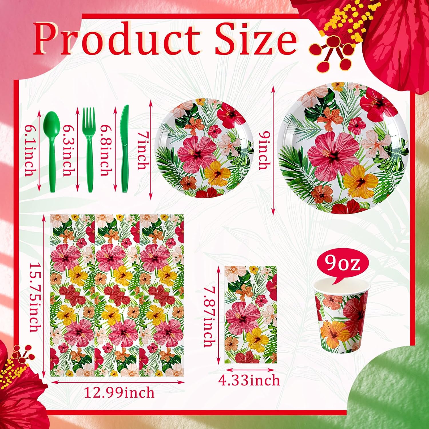 Sinmoe 400 Pcs Summer Plates and Napkins Set Summer Paper Dinnerware Disposable Party Supplies for 50 Guest Dinnerware Knife Fork Spoon for Birthday Party(Mixed Color,Hibiscus)