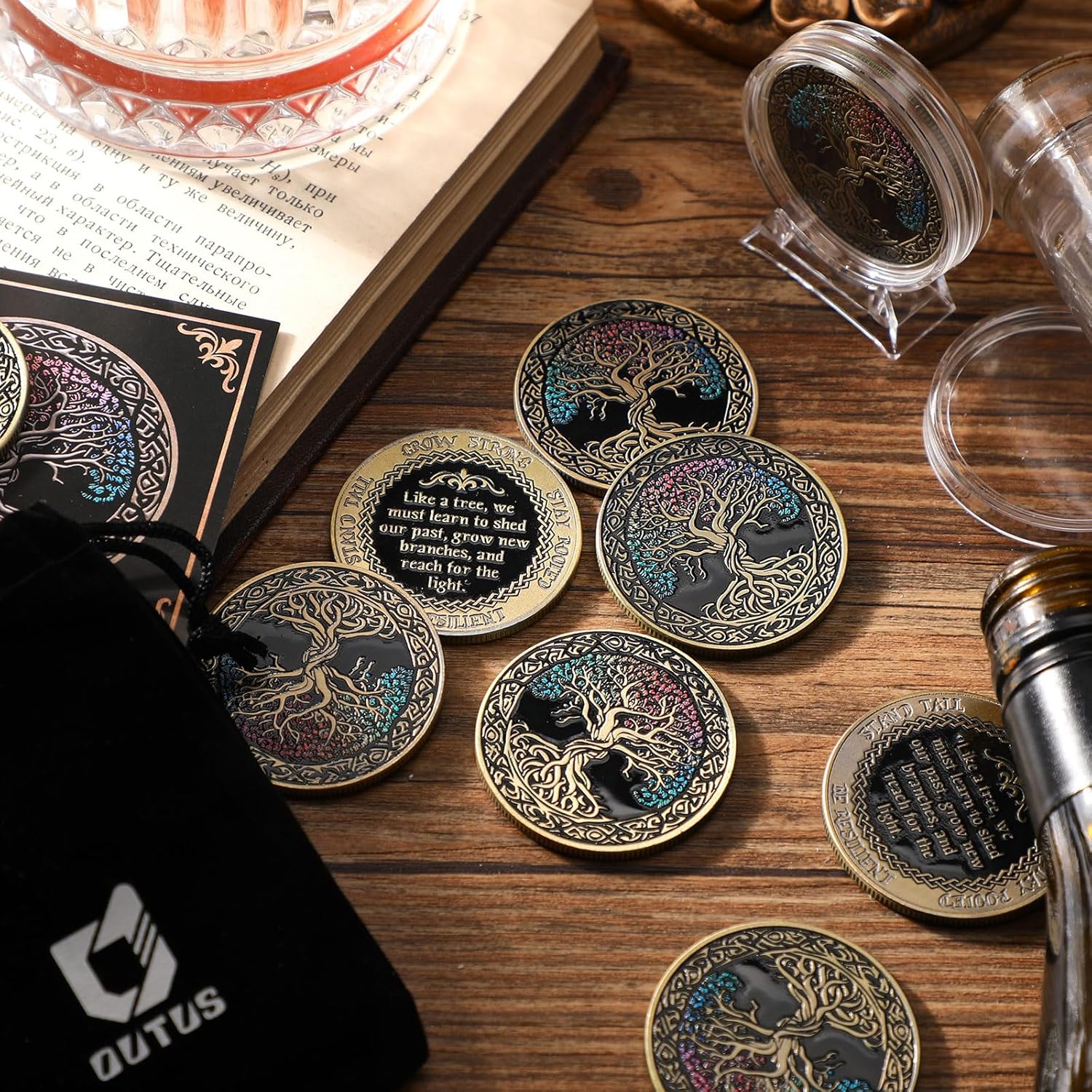Outus 12 Set Affirmation Sobriety Coin Gift Tree Chip Medallion with Coin Case, Display Stand and Card Anonymous Medallion Sobriety Gifts for Anniversary Men and Women in Recovery (Classic Style)