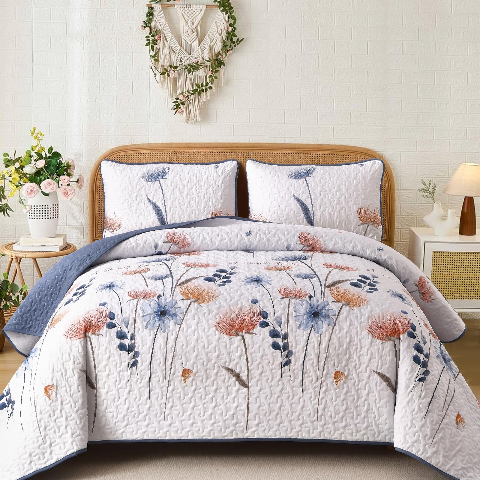 Dinjoy Quilt Set Queen Size, Boho Floral Bedspread, Fall Bedding Set