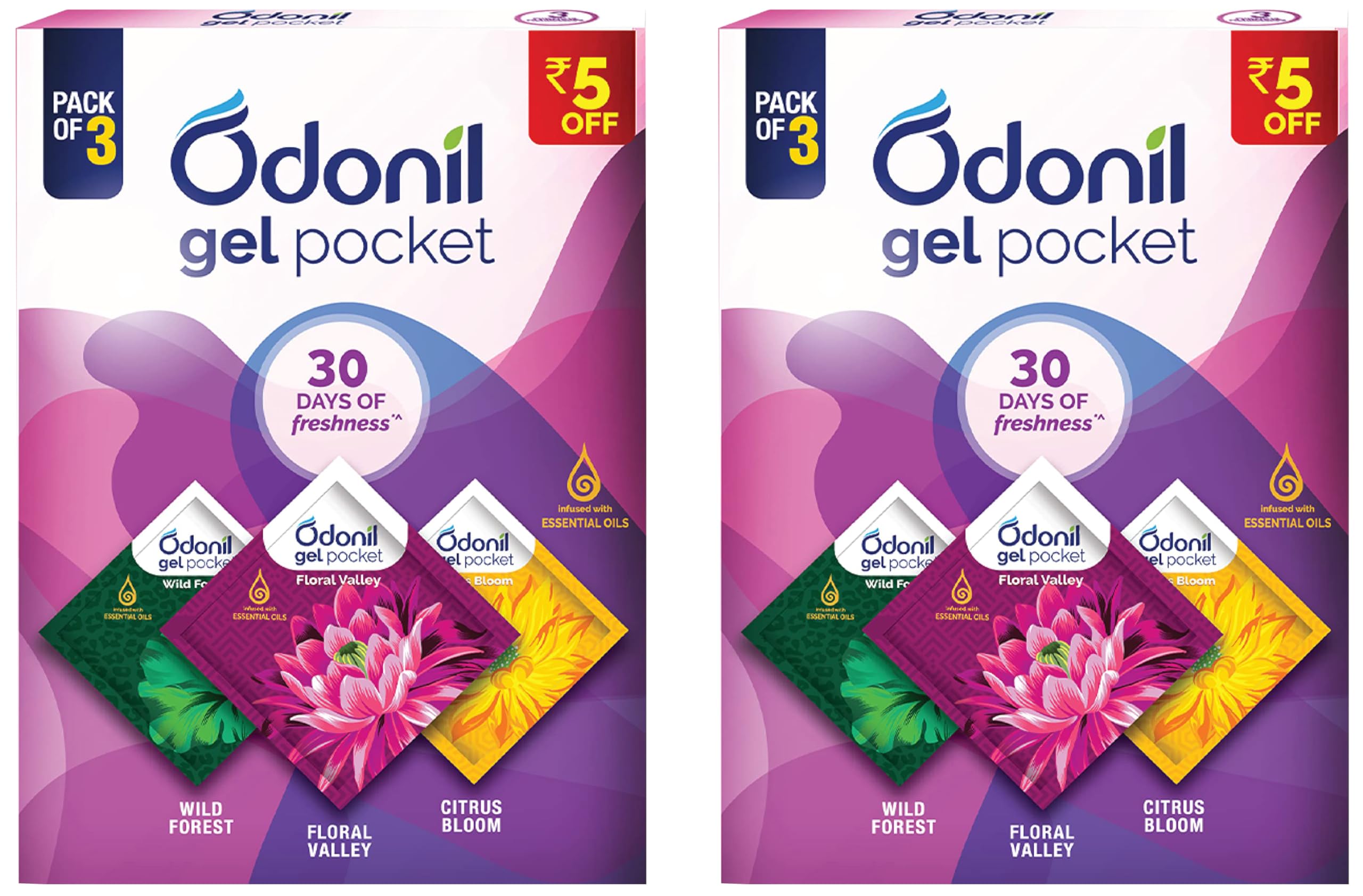 Odonil Gel Pocket Mix - 60g (Pack of 6) (3 new fragrances) | Infused with Essential Oils | Germ Protection | Lasts Up to 30 days | Air Freshener for Bathroom and Toilet (B0CCXZ9CGM) Amazon Price History, Amazon Price Tracker