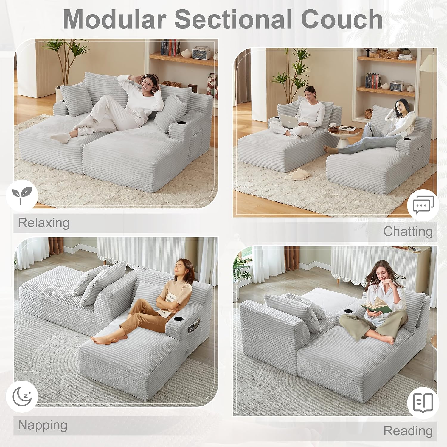 Oversized Double Chaise Lounge Chair Indoor, Boneless Sofa, Cloud Sleeper Sofa Couch Bed with Cup Holders, Deep Seat Sectional Loveseat with Pocket, No Assembly Couch for Living Room- Light Grey