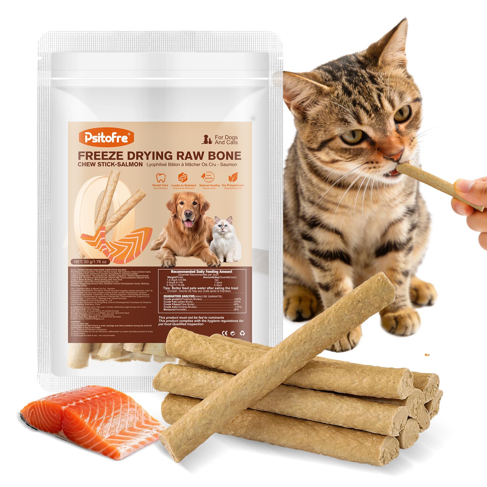 1.74oz Freezed Dried Cat Teething Sticks, Salmon Cat Chew Stick for Dental Care, Chicken Cats Treats, Feline Teeth Cleaning Snacks