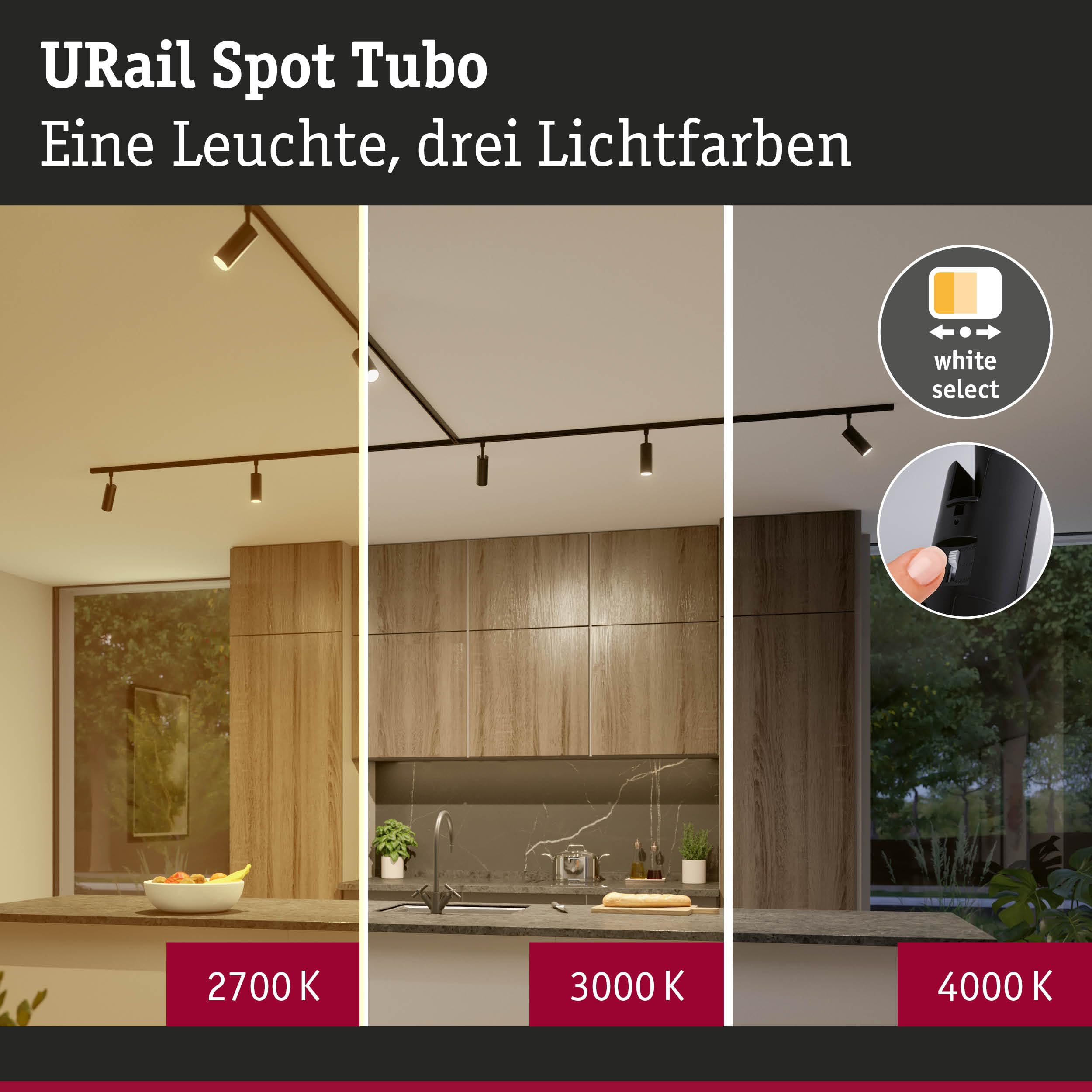 Paulmann URail Schienenspot Tubo Einzelspot 200lm 4W 2700-4000K 230V Schwarz matt 93145