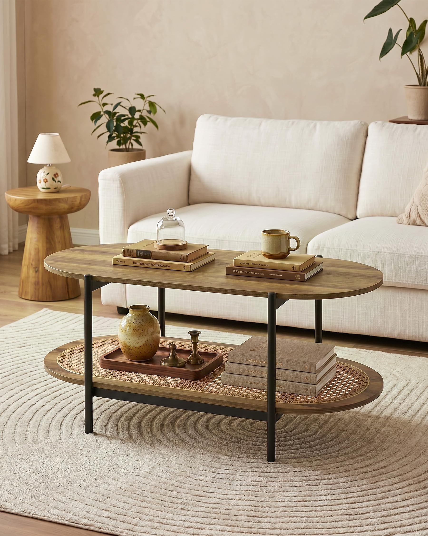 Tavolo Ovale, Tavolino Salotto Moderno Legno, Coffee Table, Tavolino da Salotto Moderno Legno con telaio nero e scaffale