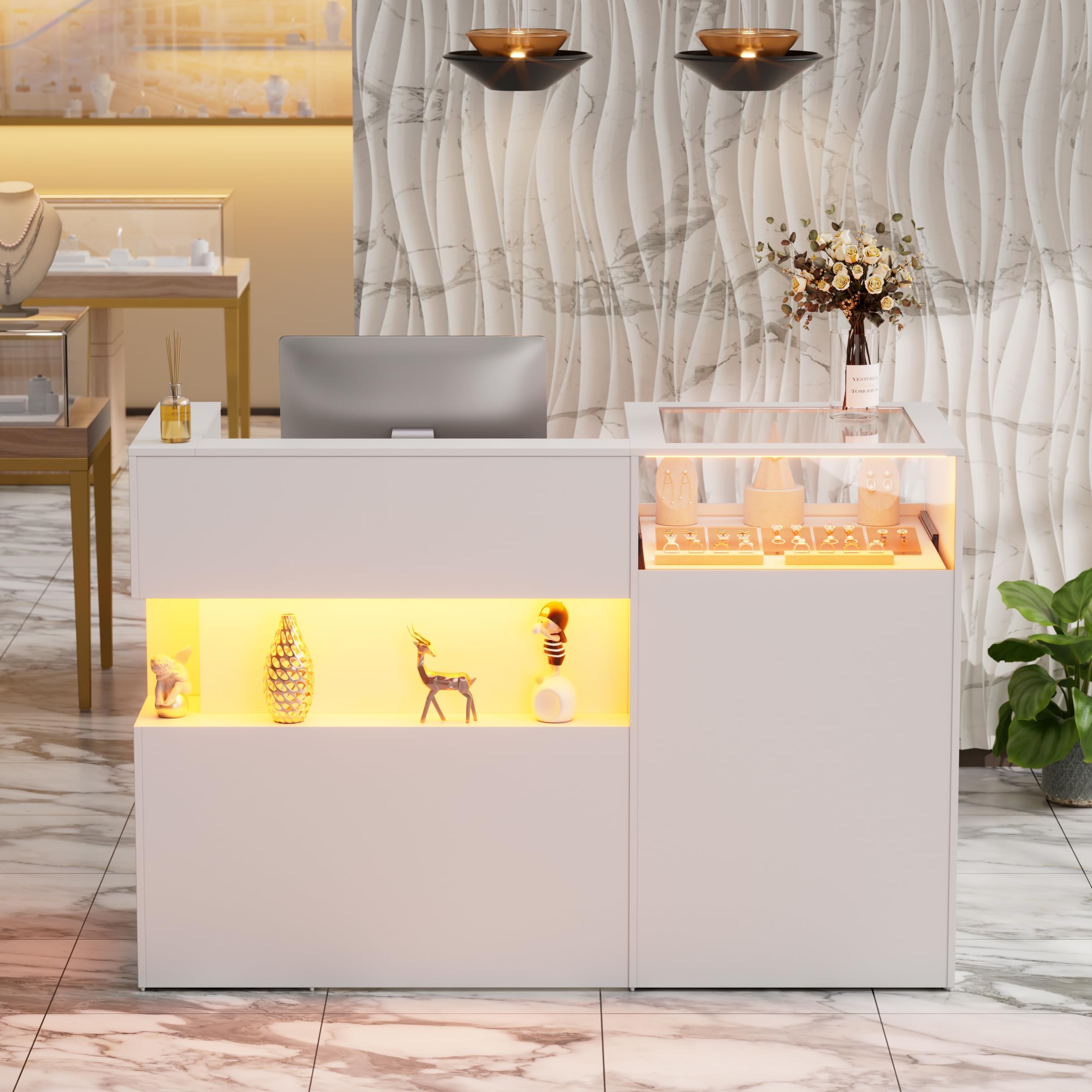 Reception Desk with Counter,59 inch Front Reception Counter with LED Light & Glass Display Shelf,Retail Counter with Drawers for Salon Lobby Checkout Office, White