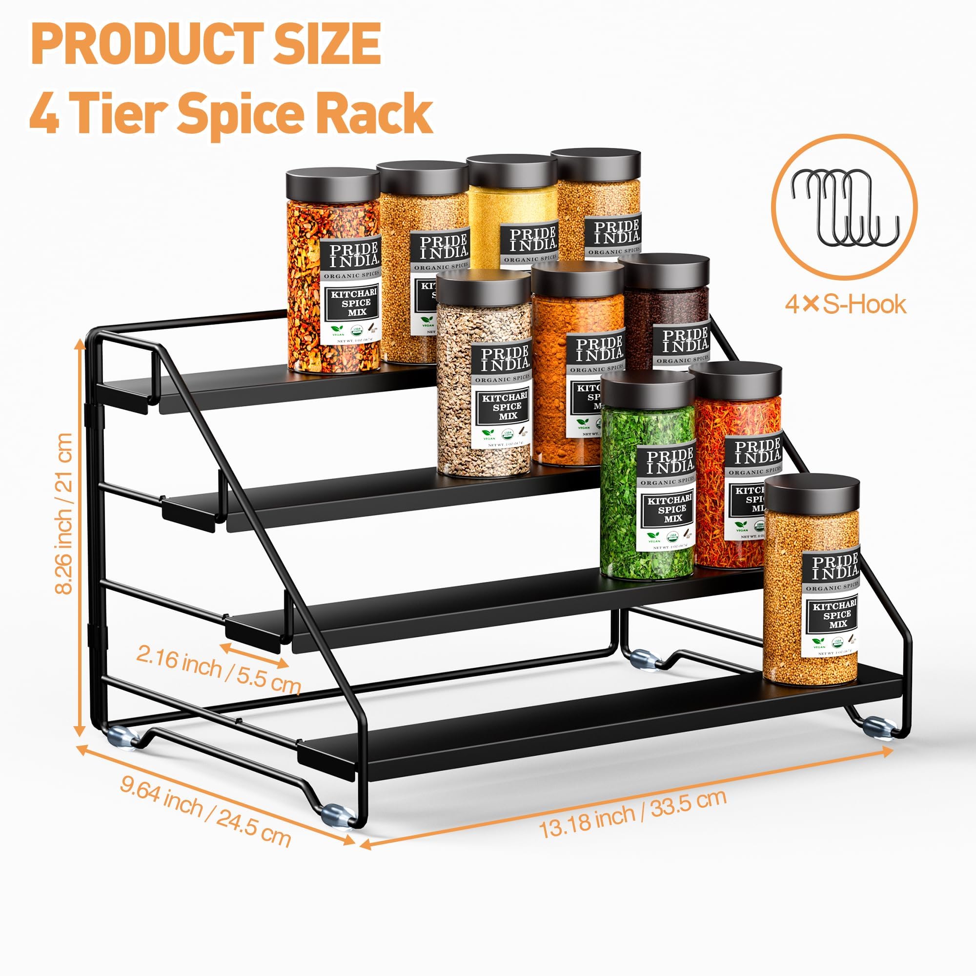 Gucass Porta Spezie per Cucina, Portaspezie in Metallo Salvaspazio A 4 Livelli, Portaspezie da Appoggio Regolabile Supporto Porta, Spezie Organizer per Cucina Bancone Armadio, Nero