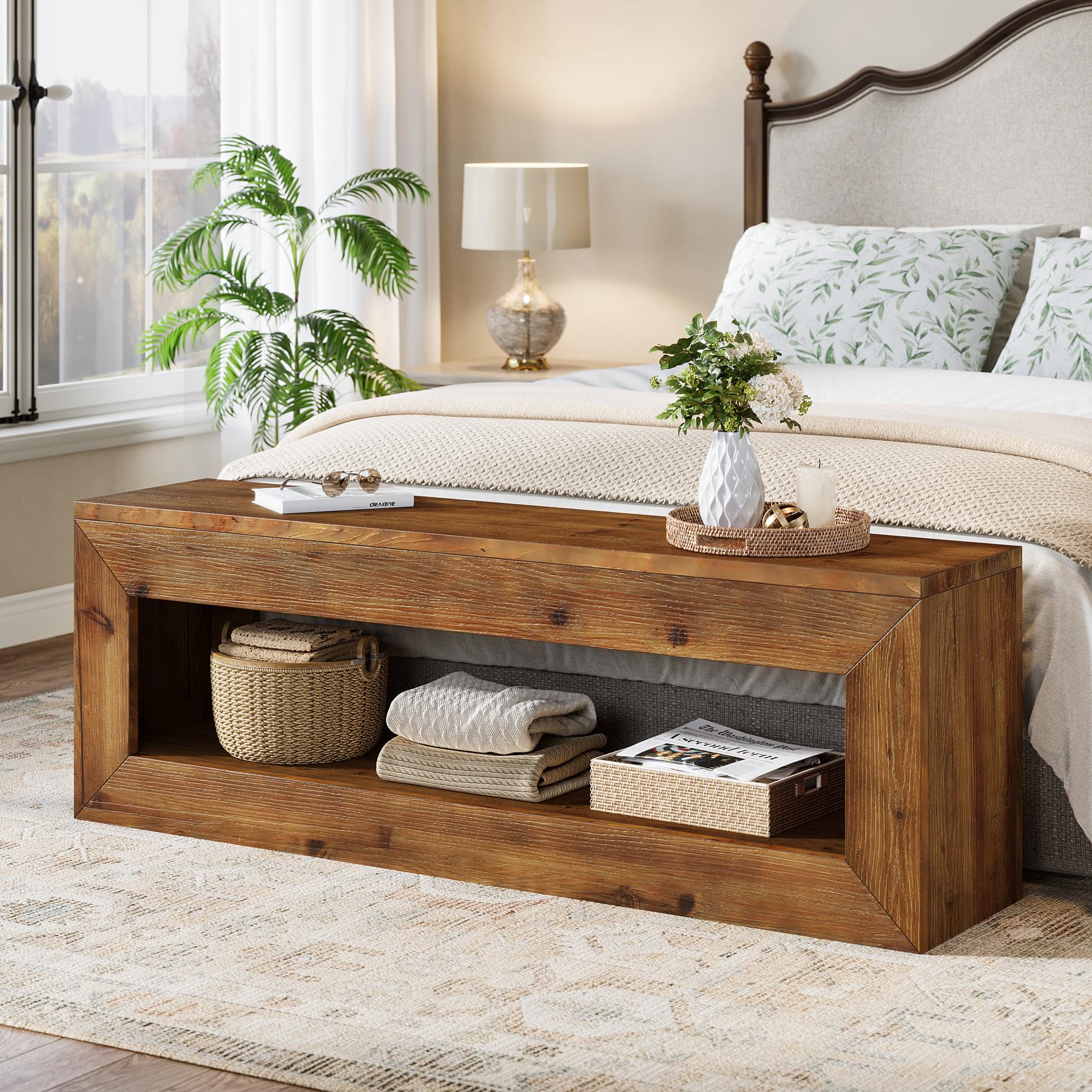 Solid Wood Entryway Bench, 47" Rustic Farmhouse Indoor Bench Seat with Storage Shelf for Entrance, Hallway, End of Bed