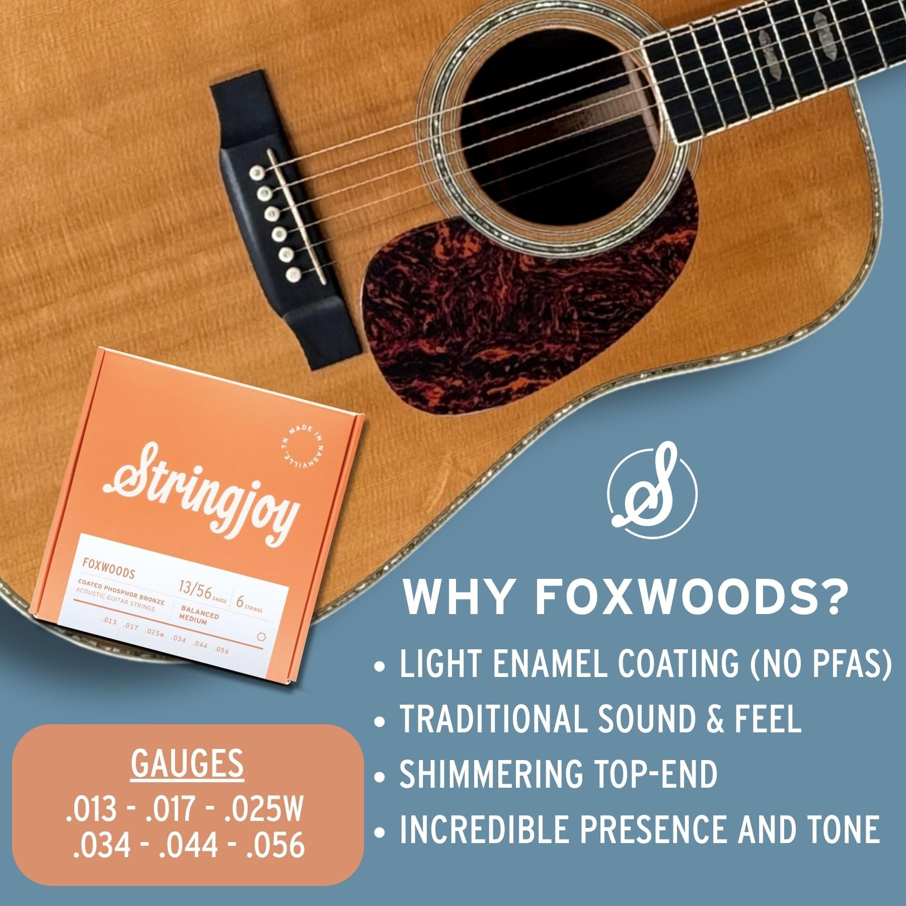 Stringjoy Corde per chitarra acustica bilanciate extra leggere rivestite in bronzo fosforoso 13-56, FW1356, tono e qualità del suono di lunga durata, set di 6 corde acustiche, confezione da 2