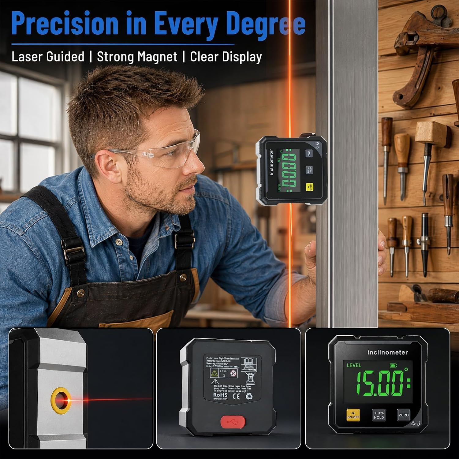 4-Side Magnetic Digital Angle Gauge with Laser Measuring, Digital Level